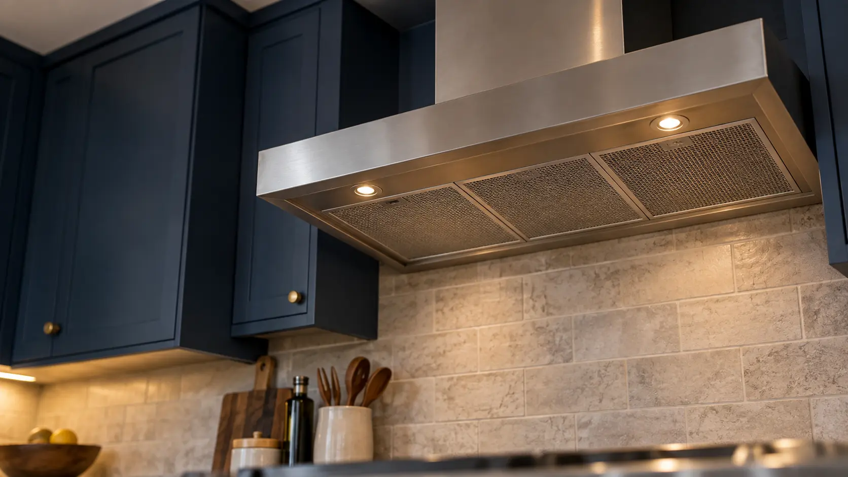 A kitchen with an under-cabinet range hood below wall cabinets and navy painted cabinets, seen from below the range hood.
