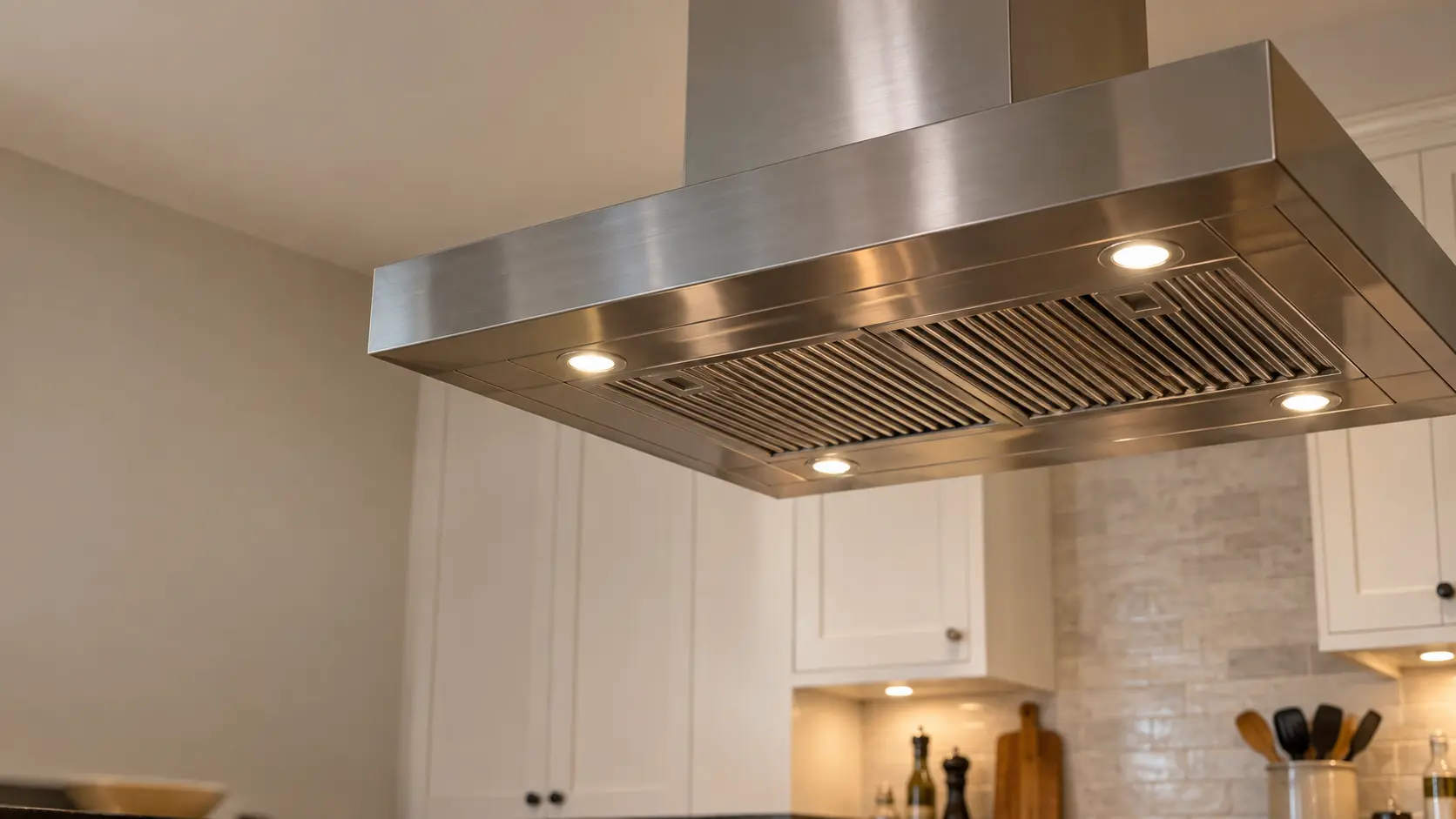A kitchen island with an island range hood above it and white shaker cabinets, seen from below the range hood.