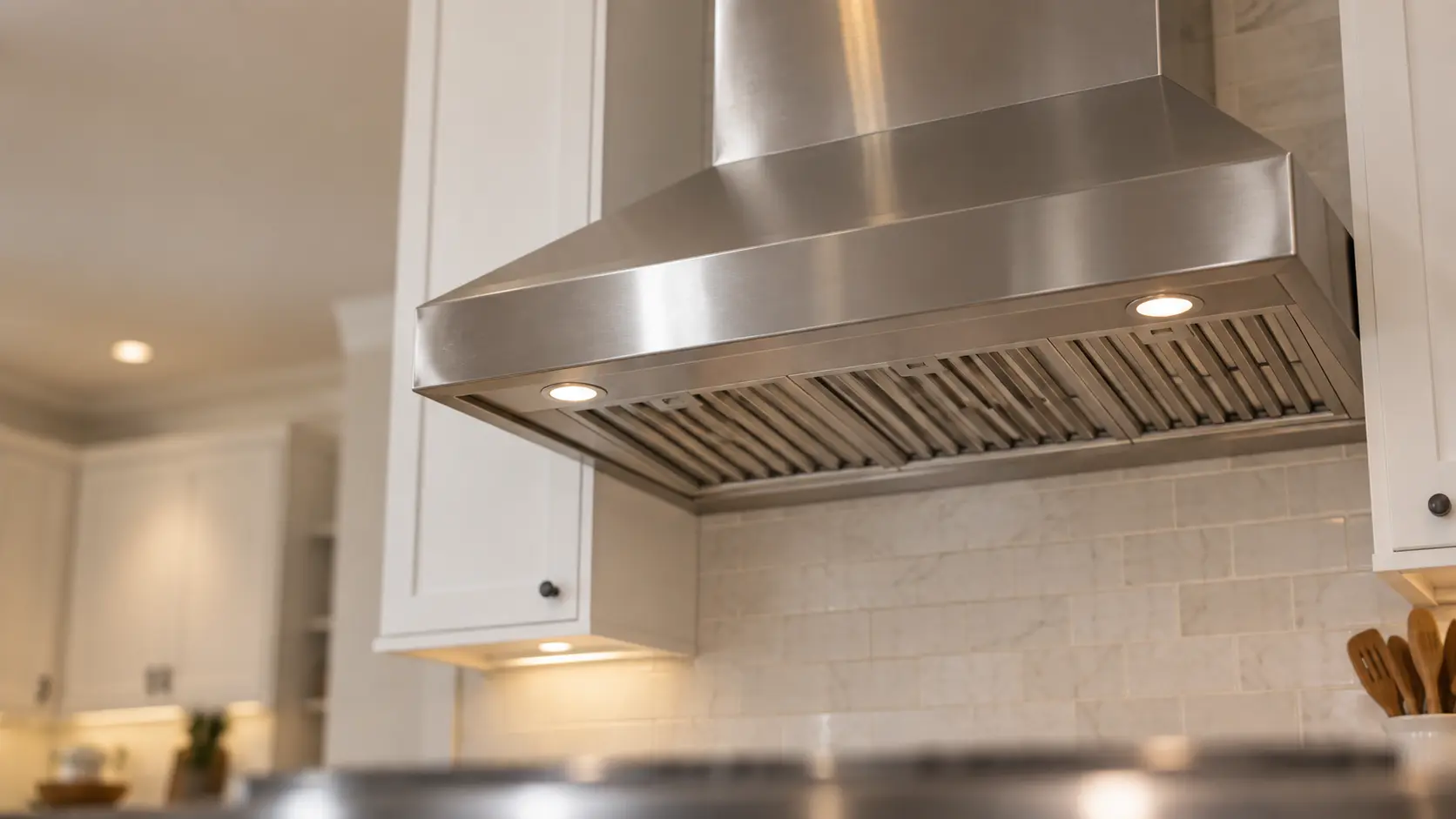 A kitchen with a stainless wall-mount range hood and white shaker cabinets, seen from below the range hood.