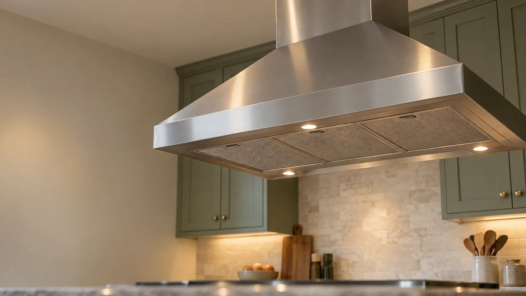A kitchen island with an island range hood above it and sage green cabinets, seen from below the range hood.