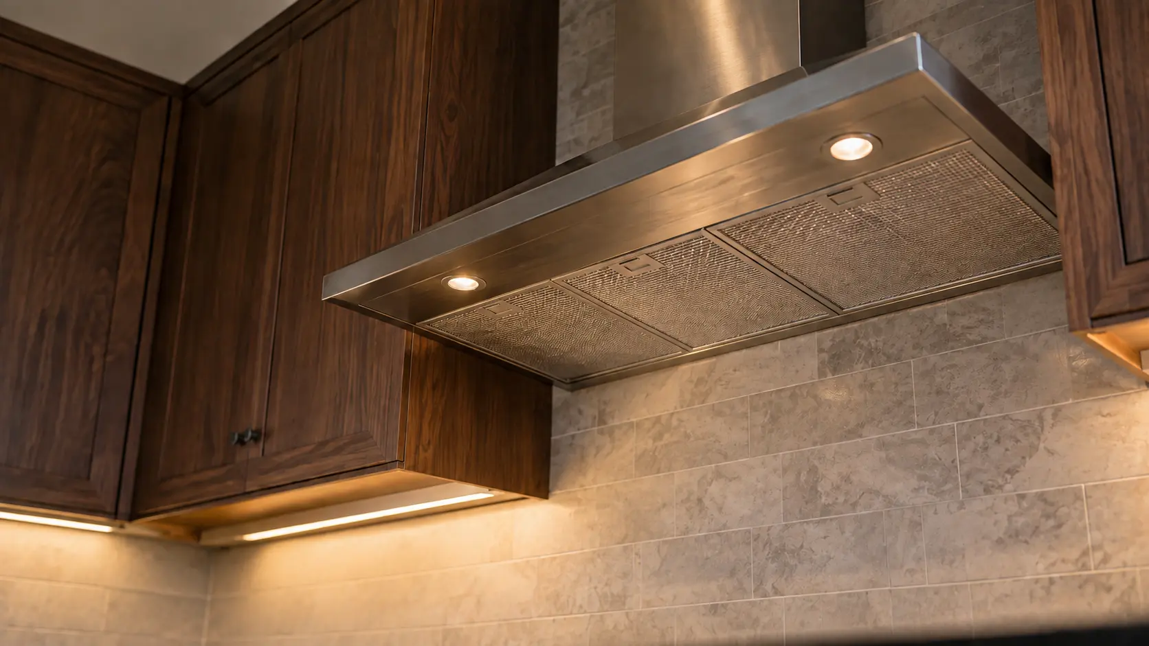 A kitchen with an under-cabinet range hood below wall cabinets and dark walnut cabinets, seen from below the range hood.