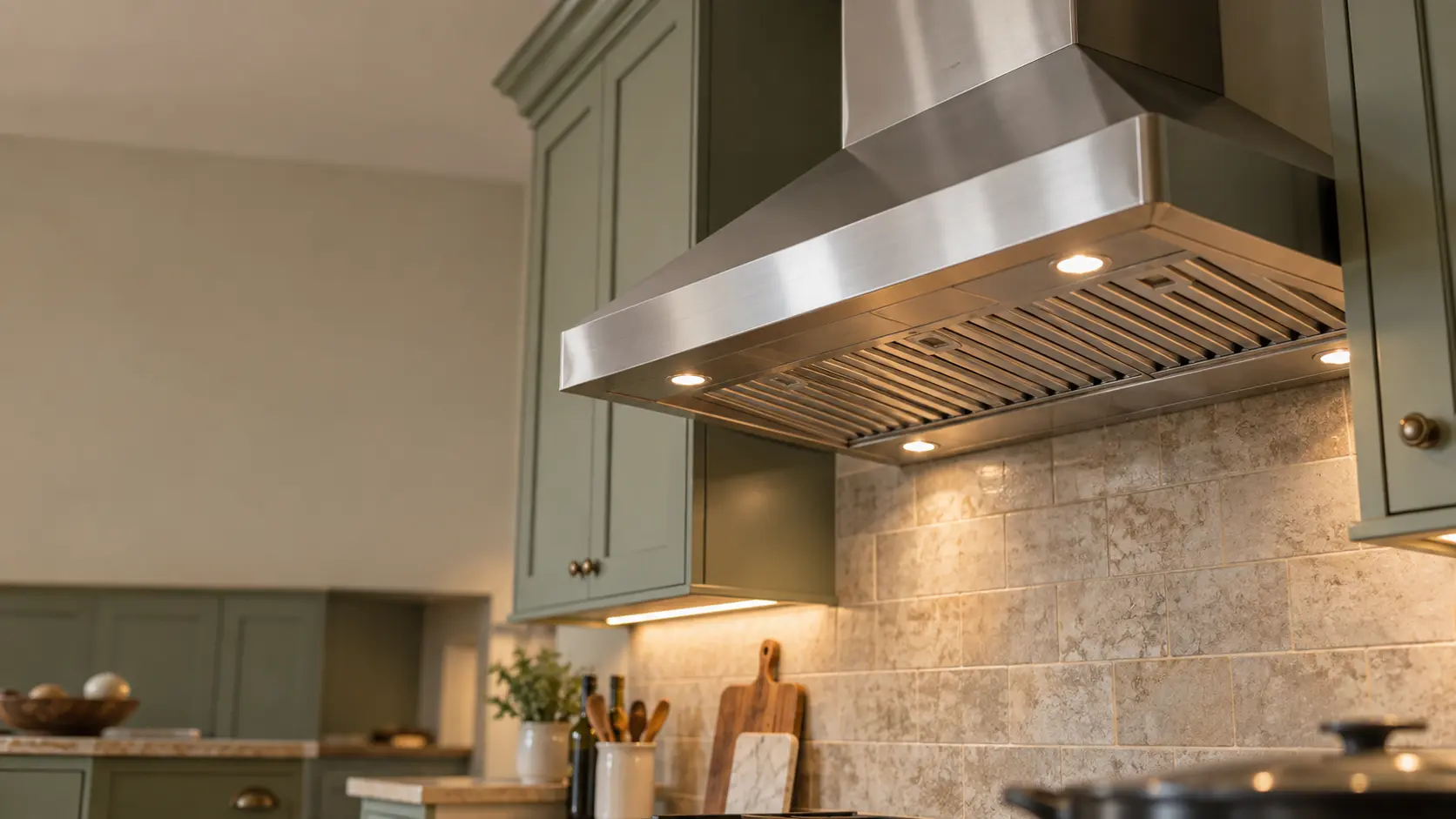 A kitchen with an under-cabinet range hood below wall cabinets and sage green cabinets, seen from below the range hood.