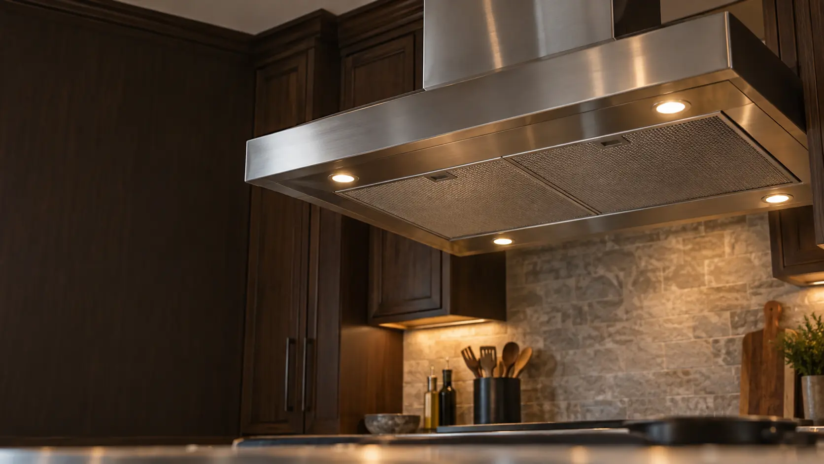 A kitchen island with an island range hood above it and dark walnut cabinets, seen from below the range hood.