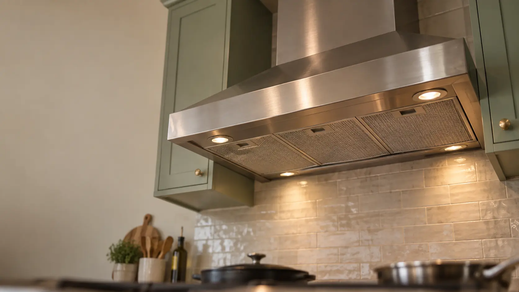 A kitchen with a stainless wall-mount range hood and sage green cabinets, seen from below the range hood.