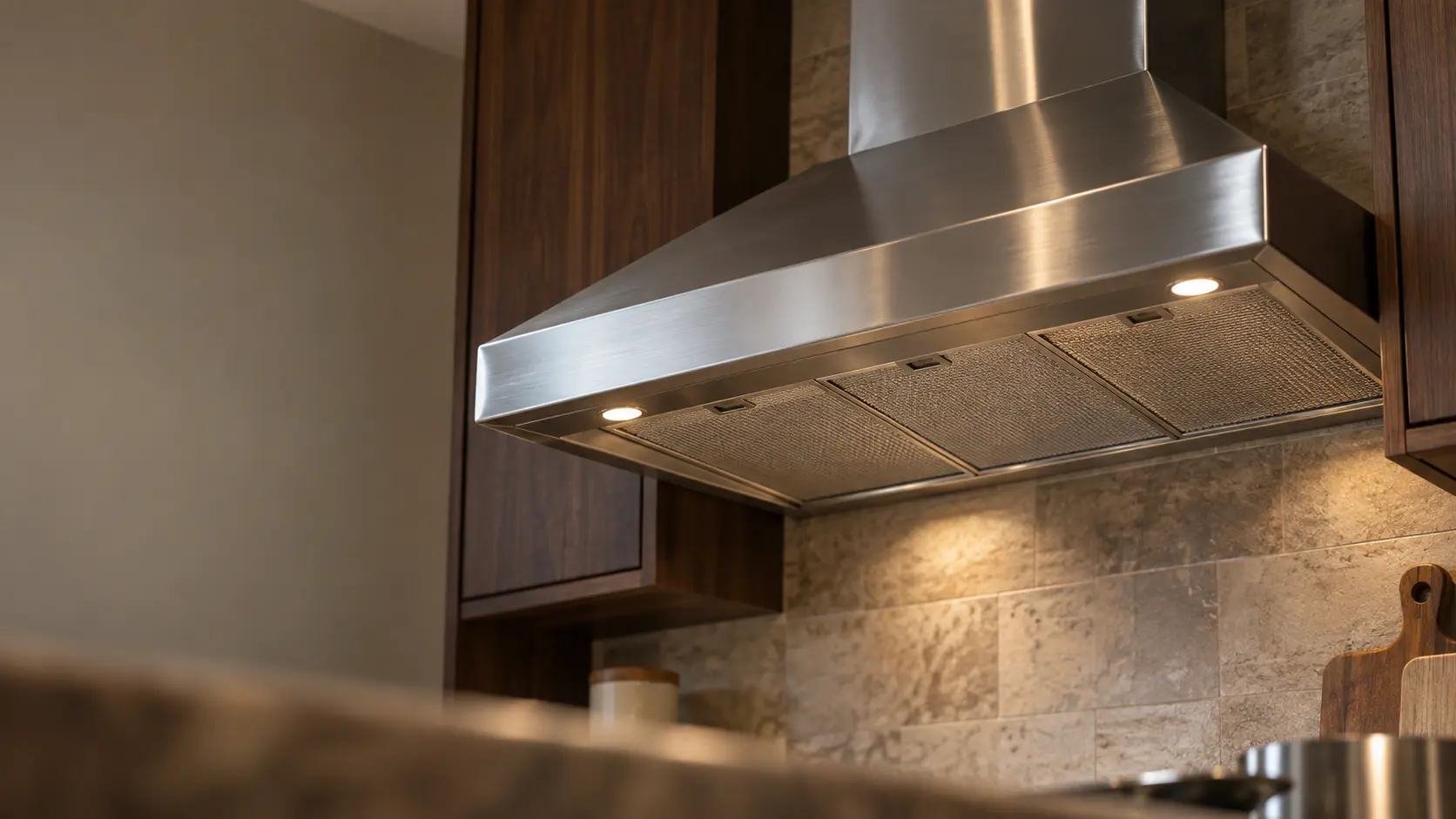 A kitchen with a stainless wall-mount range hood and dark walnut cabinets, seen from below the range hood.