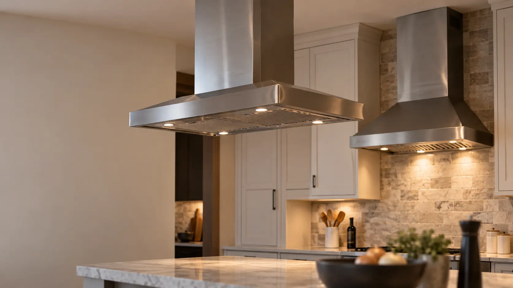 A wall-mount chimney range hood and an island range hood in one open kitchen.