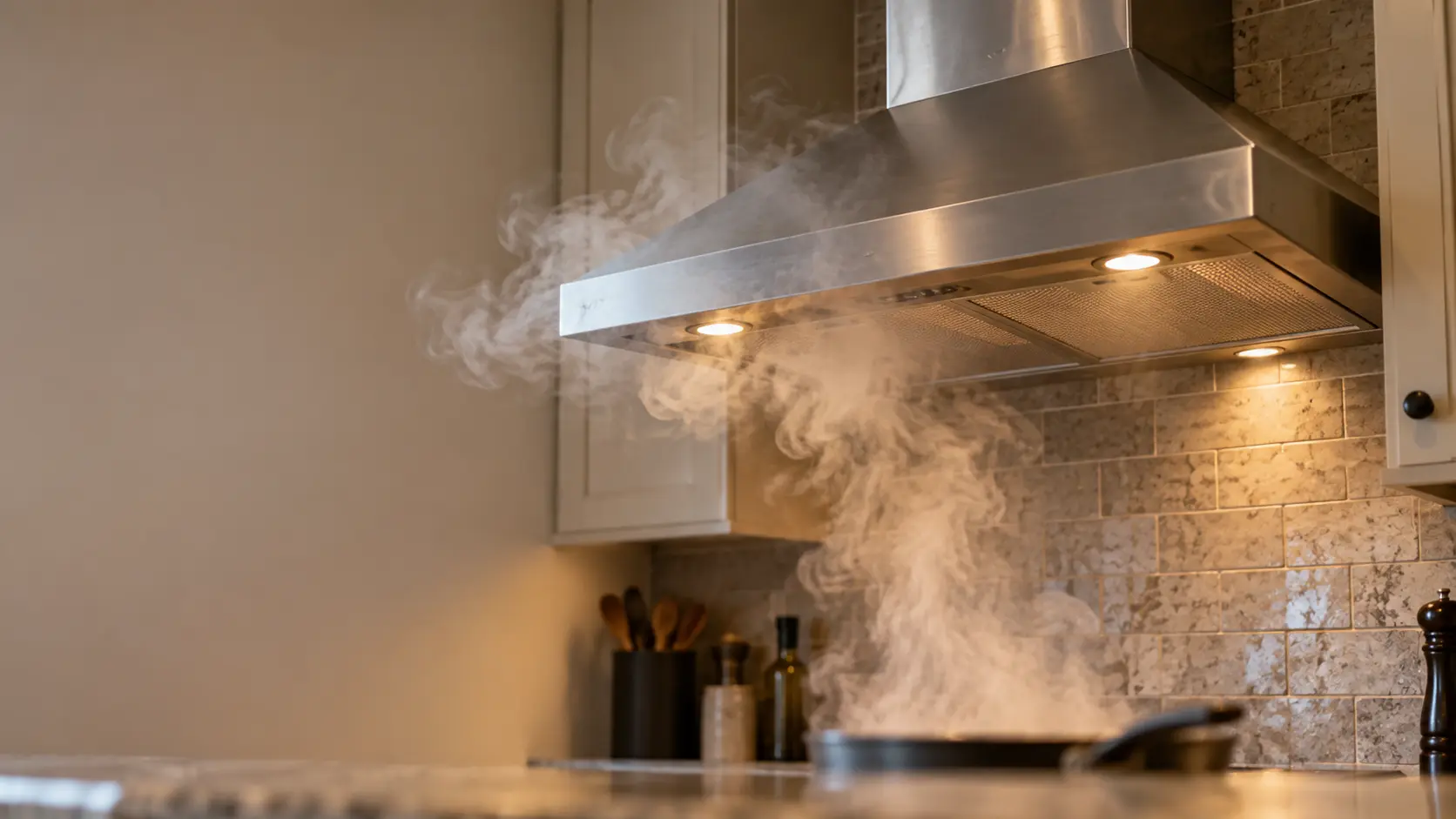 Steam curling out past the edge of a range hood instead of rising into it.