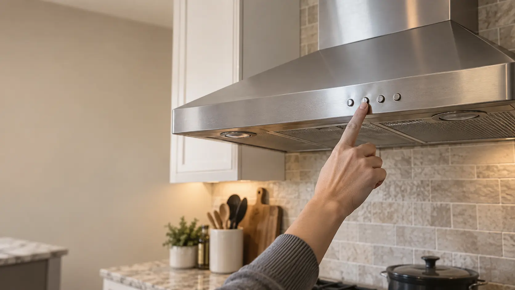 A finger pressing a button on the control strip of a range hood, the indicator lights dark.