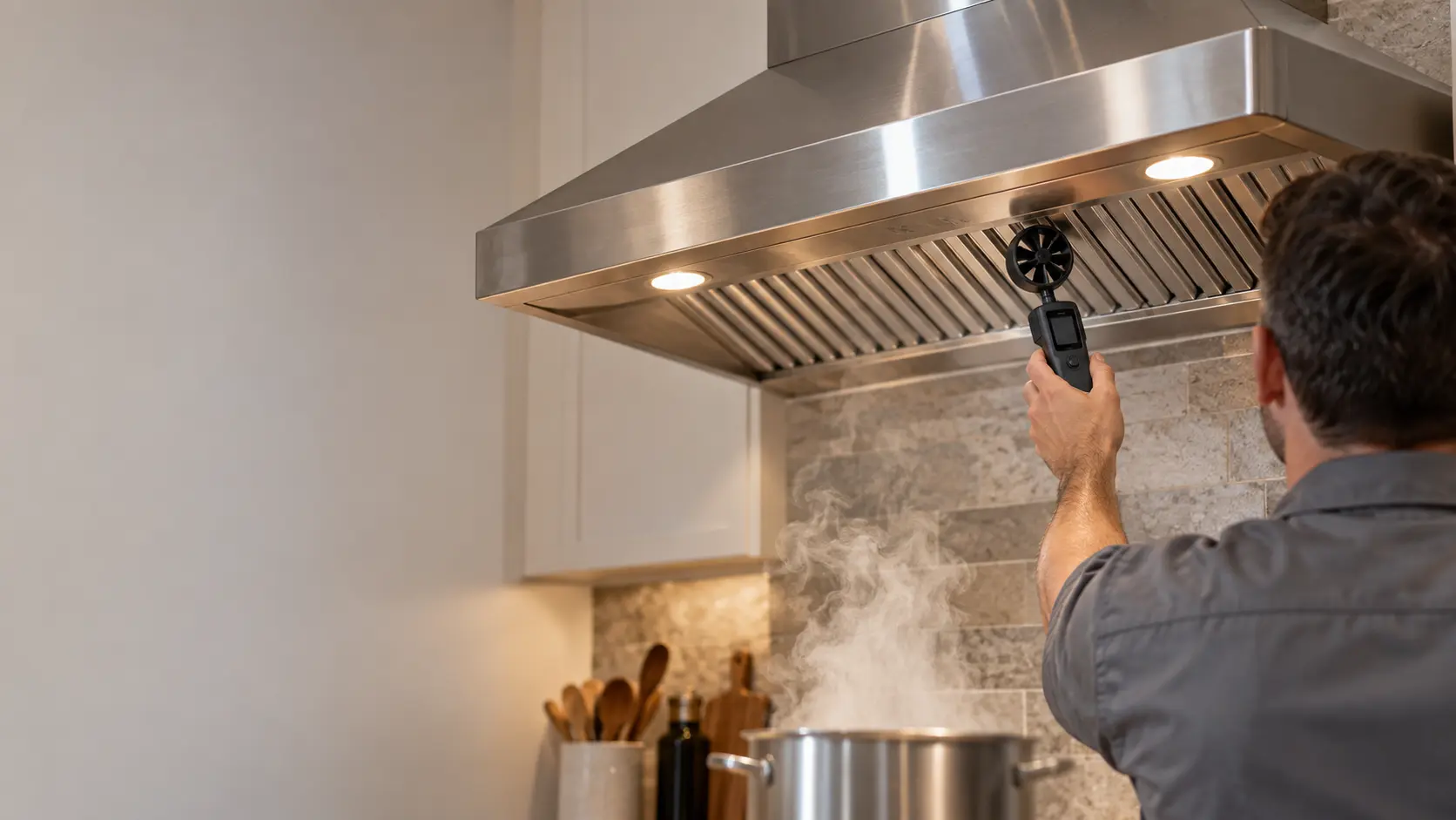A technician in a plain gray work shirt stands on the kitchen floor beside a stainless wall-mount range hood in a US home, holding a small handheld airflow vane meter up under the range hood's filters, the range hood lamps lit, steam rising from a pot on the burners below, the cooking surface cropped and out of focus.