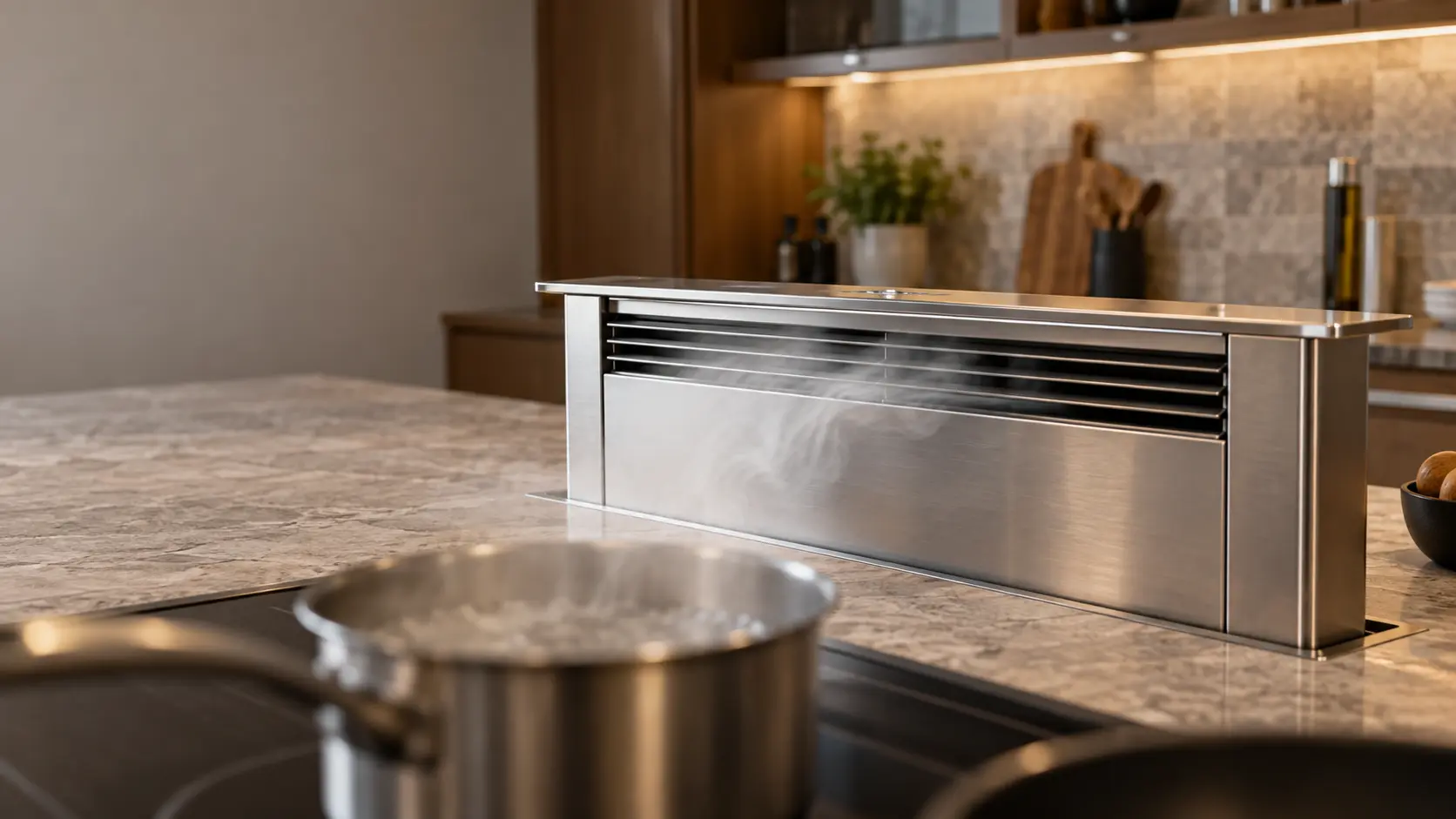 A stainless pop-up downdraft vent risen from the stone counter behind the burners on a kitchen island in a US home, steam from a pot drawn sideways into the downdraft vent's slotted intake, the downdraft vent sharp and centered, the pot and burners soft in the foreground.