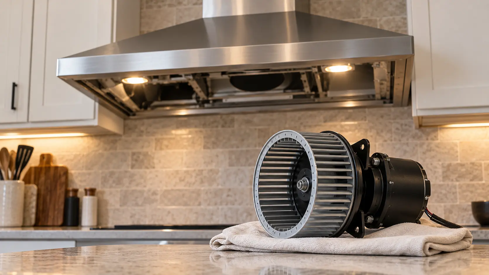 A new range hood blower assembly, a black motor with a clean squirrel-cage wheel, resting on a folded drop cloth on a kitchen counter in a US home, a stainless range hood above it with its filters removed and its lamps lit, the range hood's open underside out of focus in the background.