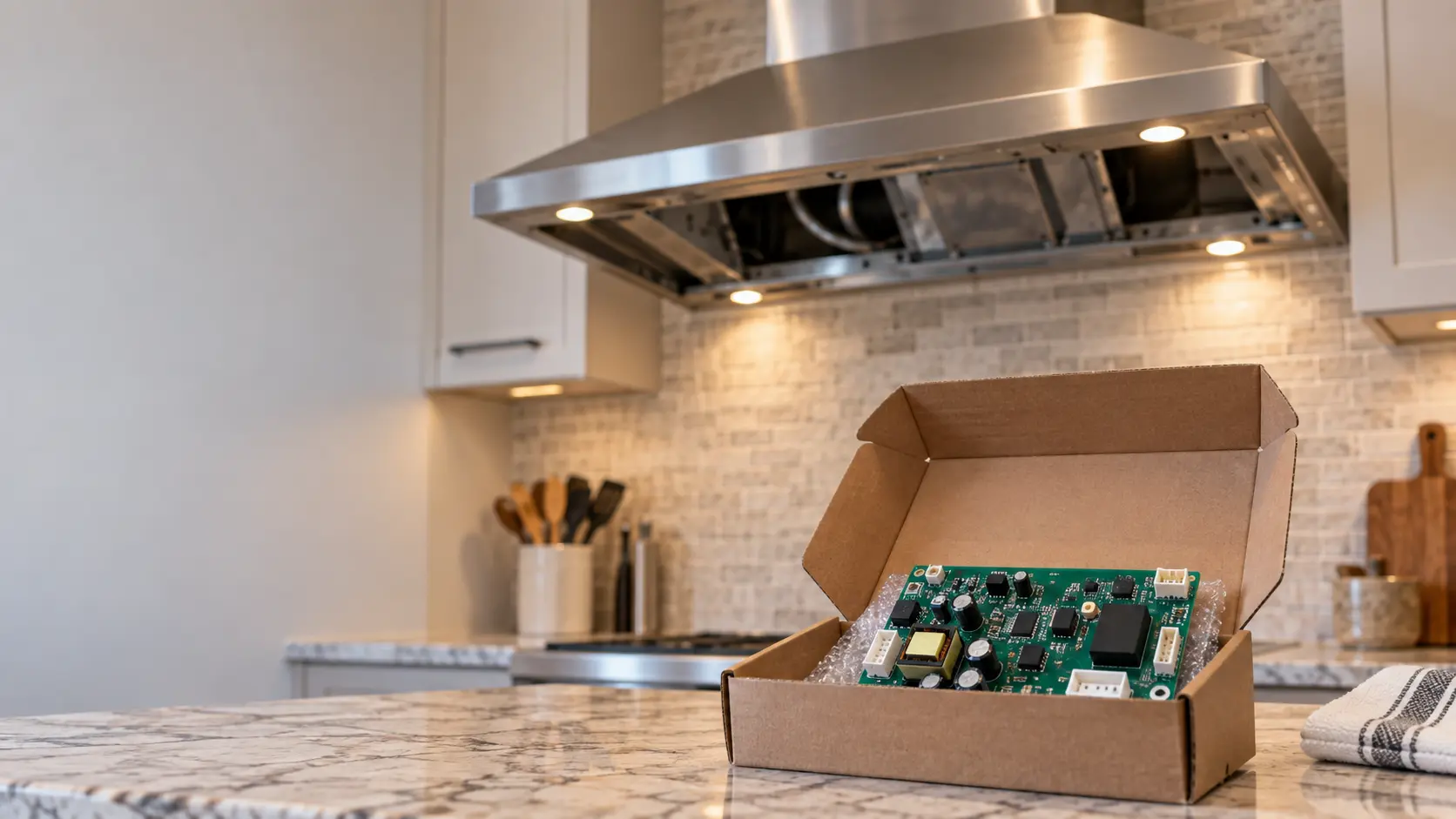 A new green electronic control board for a range hood lying in an open plain brown parts box on a kitchen counter in a US home, a stainless range hood insert with its baffle filters removed out of focus above it, soft daylight.