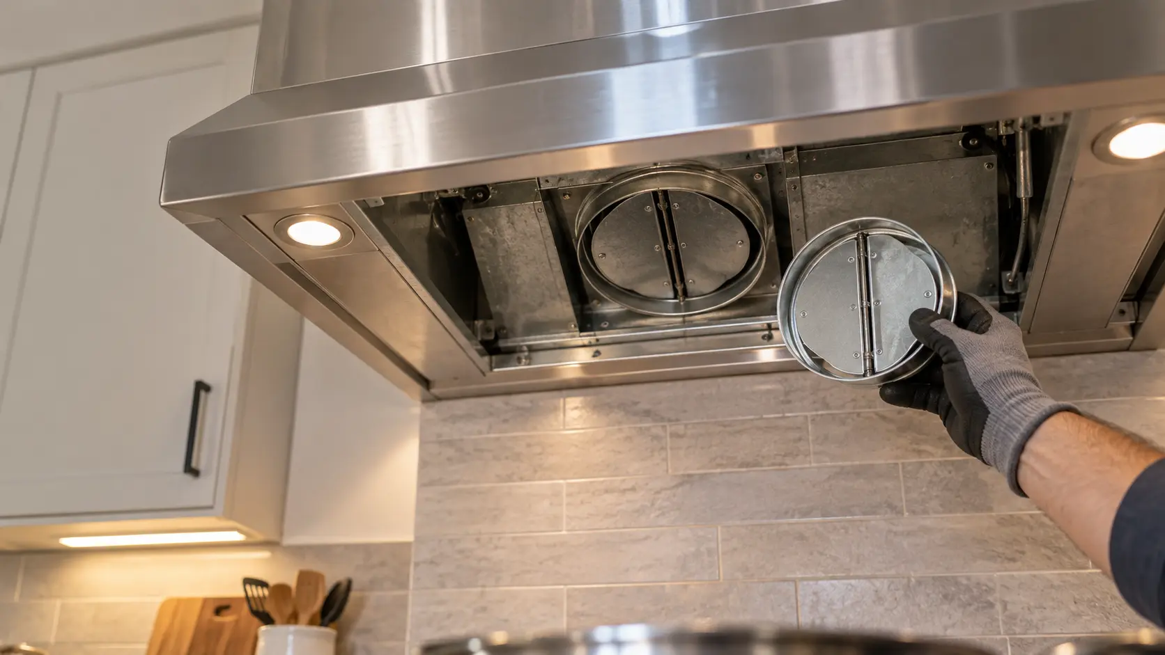 Looking up into the open underside of a stainless range hood in a US home kitchen with its filters removed, the round backdraft damper at the top of the range hood's blower outlet visible with its two metal flaps half open, a gloved hand holding a new damper beside it, soft light.
