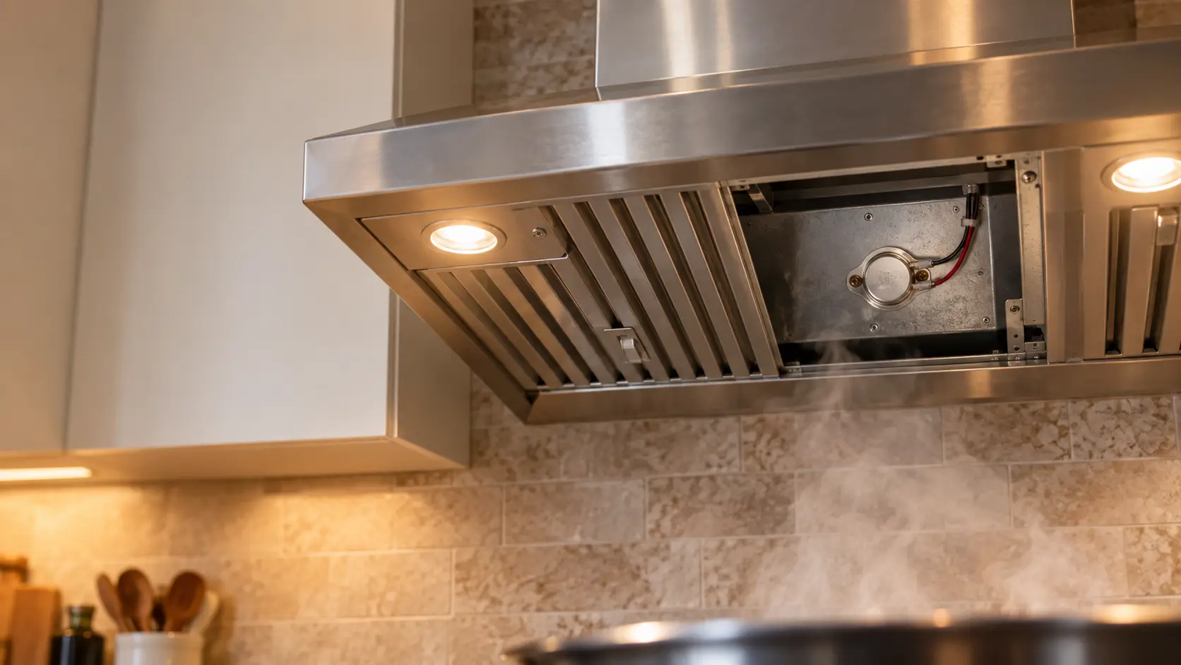 Looking up at the underside of a stainless range hood in a US home kitchen with one baffle filter removed, a small round silver heat sensor disc visible on the range hood's inner panel, its two wires neatly connected, the range hood's lamps glowing and soft steam in the foreground.