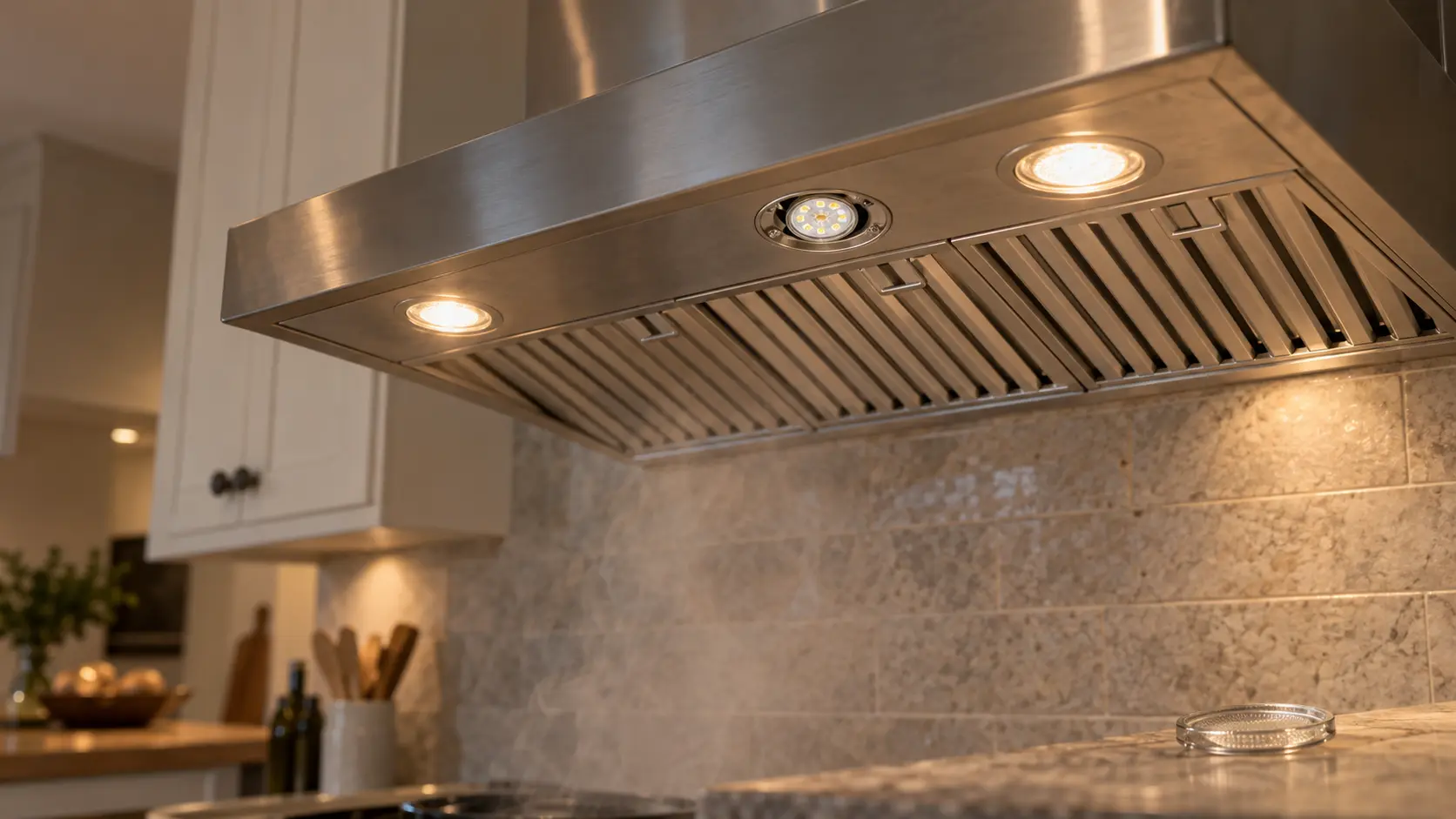 Looking up at the underside of a stainless wall-mount range hood in a US home kitchen, one round lens cover removed and set aside and a new small LED lamp module fitted in its socket, the range hood's other lamps glowing warmly, stainless baffle filters between them, soft steam in the air below.