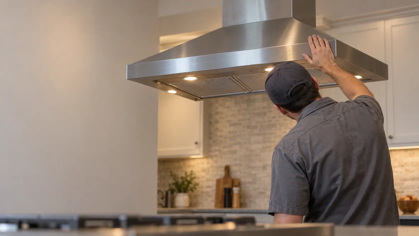 A technician in a plain gray work shirt standing on the floor of a US home kitchen with one hand resting flat against the canopy of a stainless island range hood, head tilted listening, the range hood running with its lamps on, the range hood filling the upper half of the frame, the island burners cold and out of focus below.