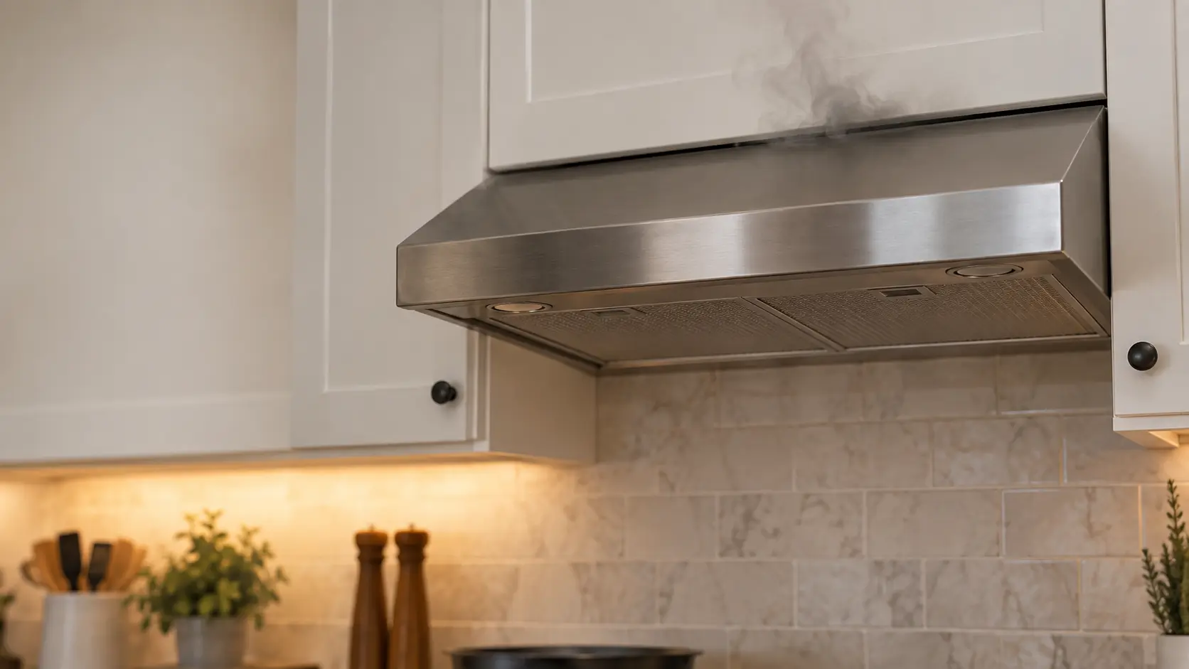 An under-cabinet range hood below white kitchen cabinets fills the upper half of the frame, a thin wisp of pale gray haze drifting from the seam between the range hood and the cabinet, its lights off and the burners below cold.