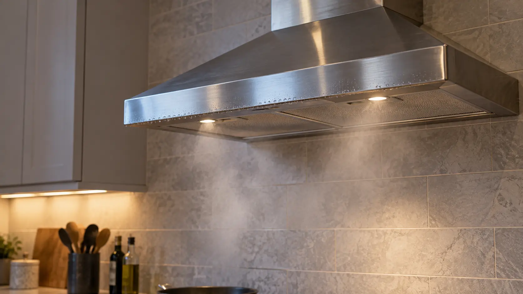 A stainless wall-mount chimney range hood on a tiled wall in winter light fills the upper half of the frame, faint cold condensation beading on the range hood's lower edge and a fine mist visible drifting down from the canopy, the burners below off.