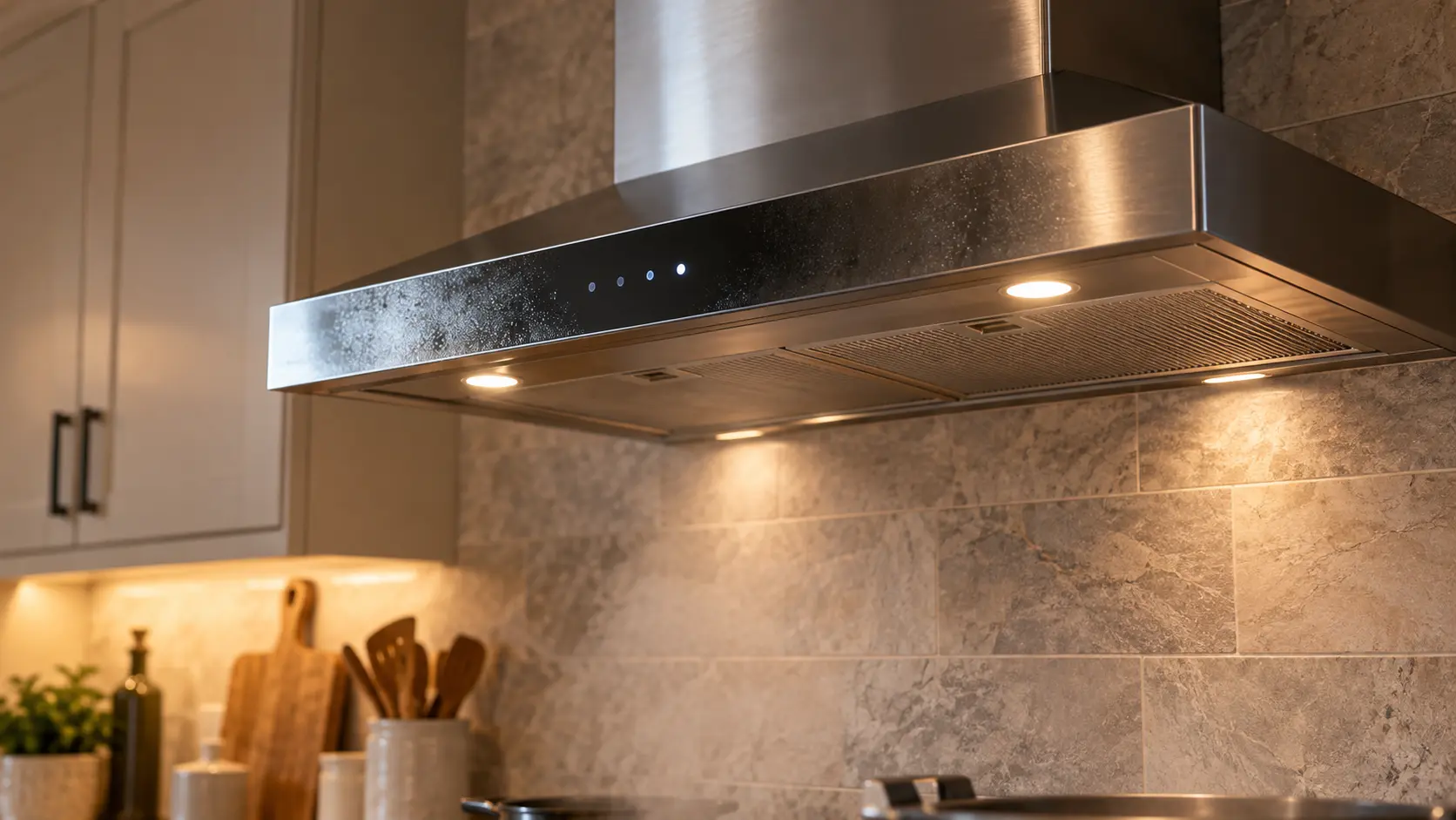 Close view of the front edge of a stainless wall-mount range hood with a slim glass touch control strip, a few abstract lit dots on it and a faint film of steam on the glass, the range hood's canopy filling the upper half of the frame.