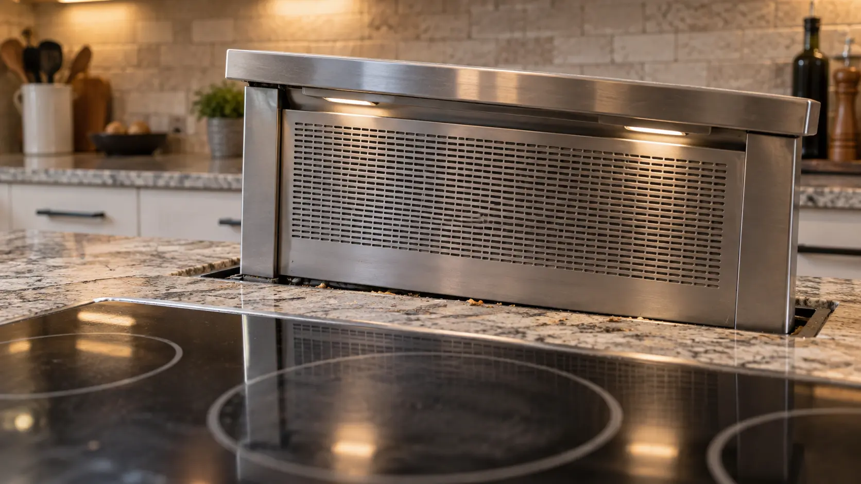 A pop-up downdraft vent stuck halfway risen and slightly crooked behind a set of cold burners on a stone kitchen counter, the vent's stainless face and grille filling the upper half of the frame, crumbs visible in the gap around it.