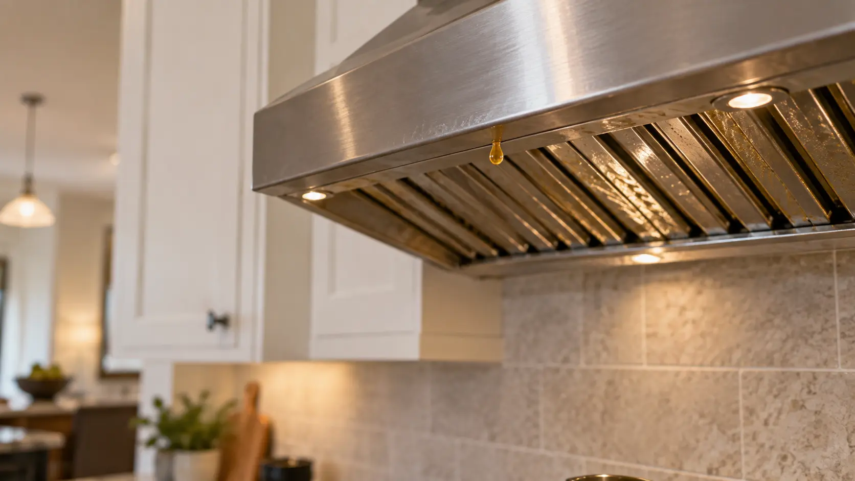 Close view of the front edge of a stainless under-cabinet range hood below white cabinets, a single amber drop of grease hanging from the range hood's lower lip above a cold, empty cooking surface, the baffle filters above it glossy with grease.