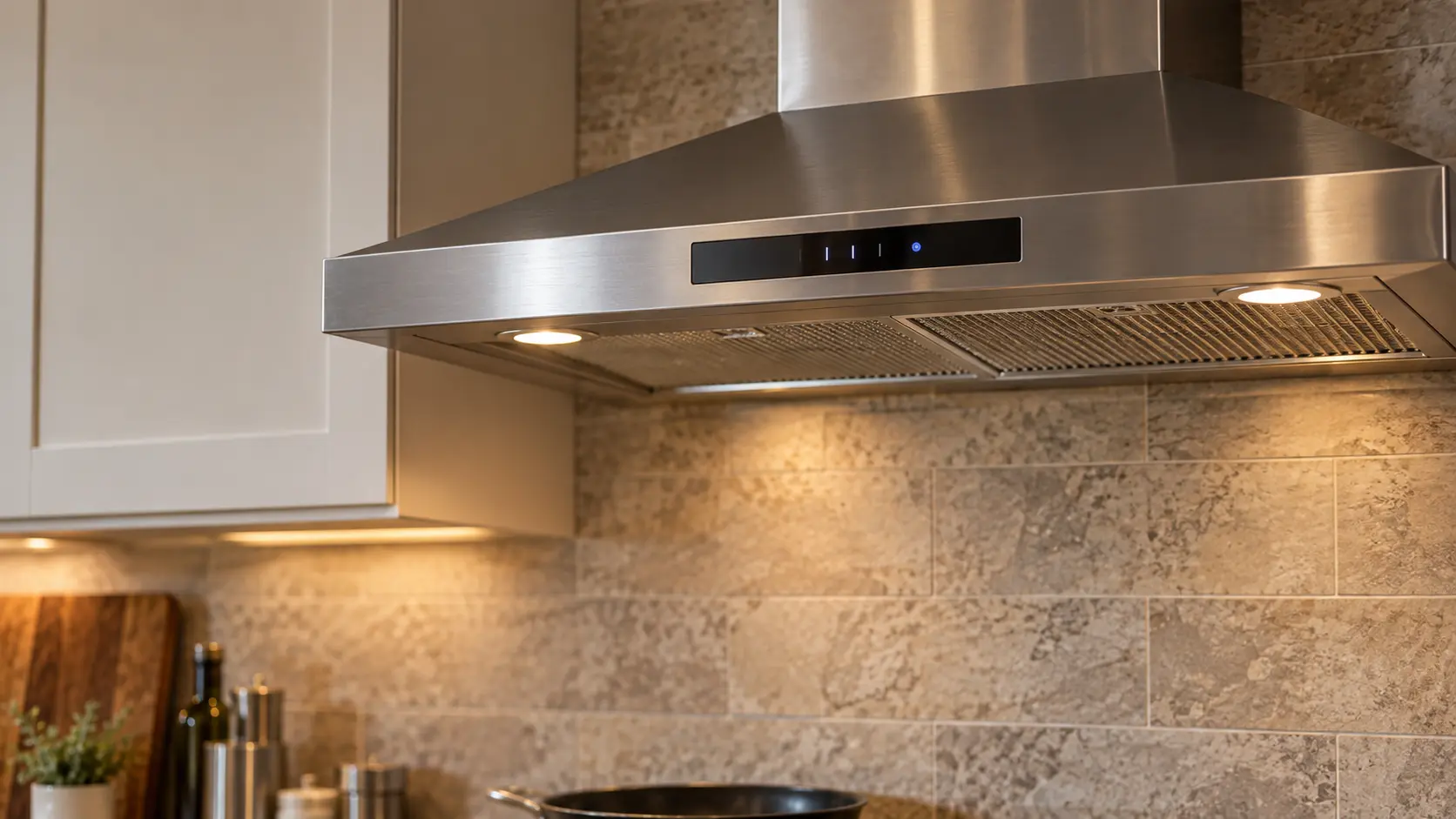 Close view of the front control strip of a stainless wall-mount chimney range hood on a tiled wall, a few abstract lit segments on its small display and one indicator blinking, the range hood's canopy filling the upper half of the frame.
