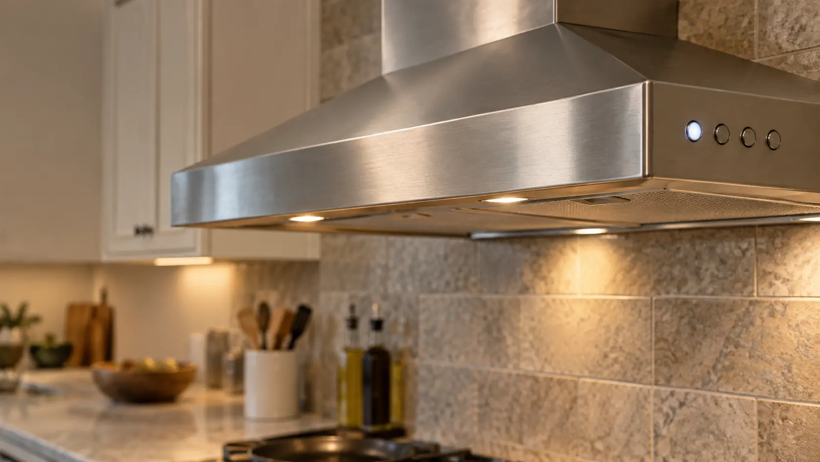 Close view of the side panel of a stainless island range hood with a row of four round push buttons for fan speed, one lit and the rest dark, the range hood's canopy filling the upper half of the frame above a kitchen island.