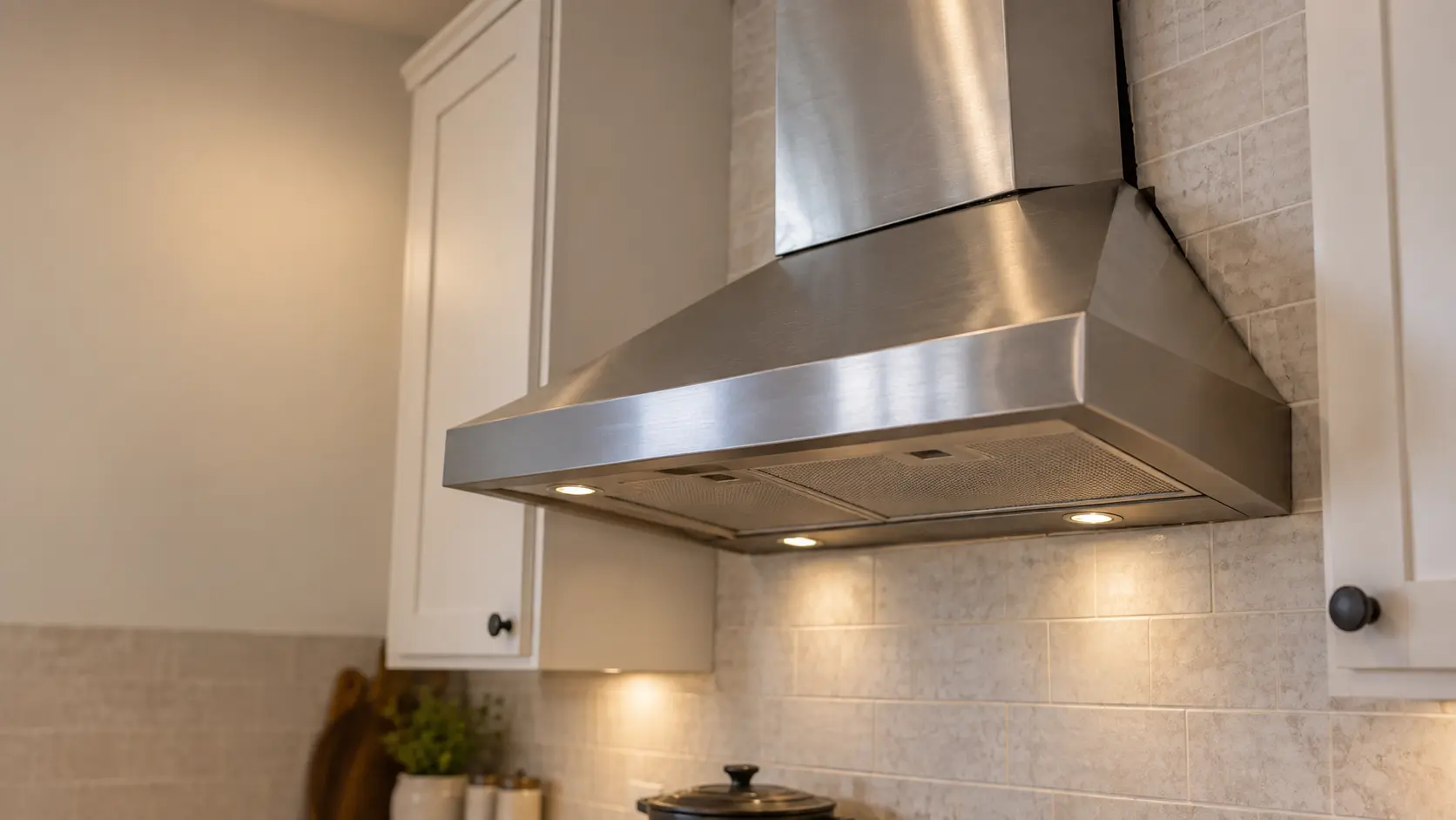 A stainless wall-mount chimney range hood on a pale tiled wall fills the upper half of the frame, a visible dark gap opening between the top of the canopy and the wall and the chimney cover slightly out of line, the range hood tilted a little forward, the kitchen below empty with nobody under it.