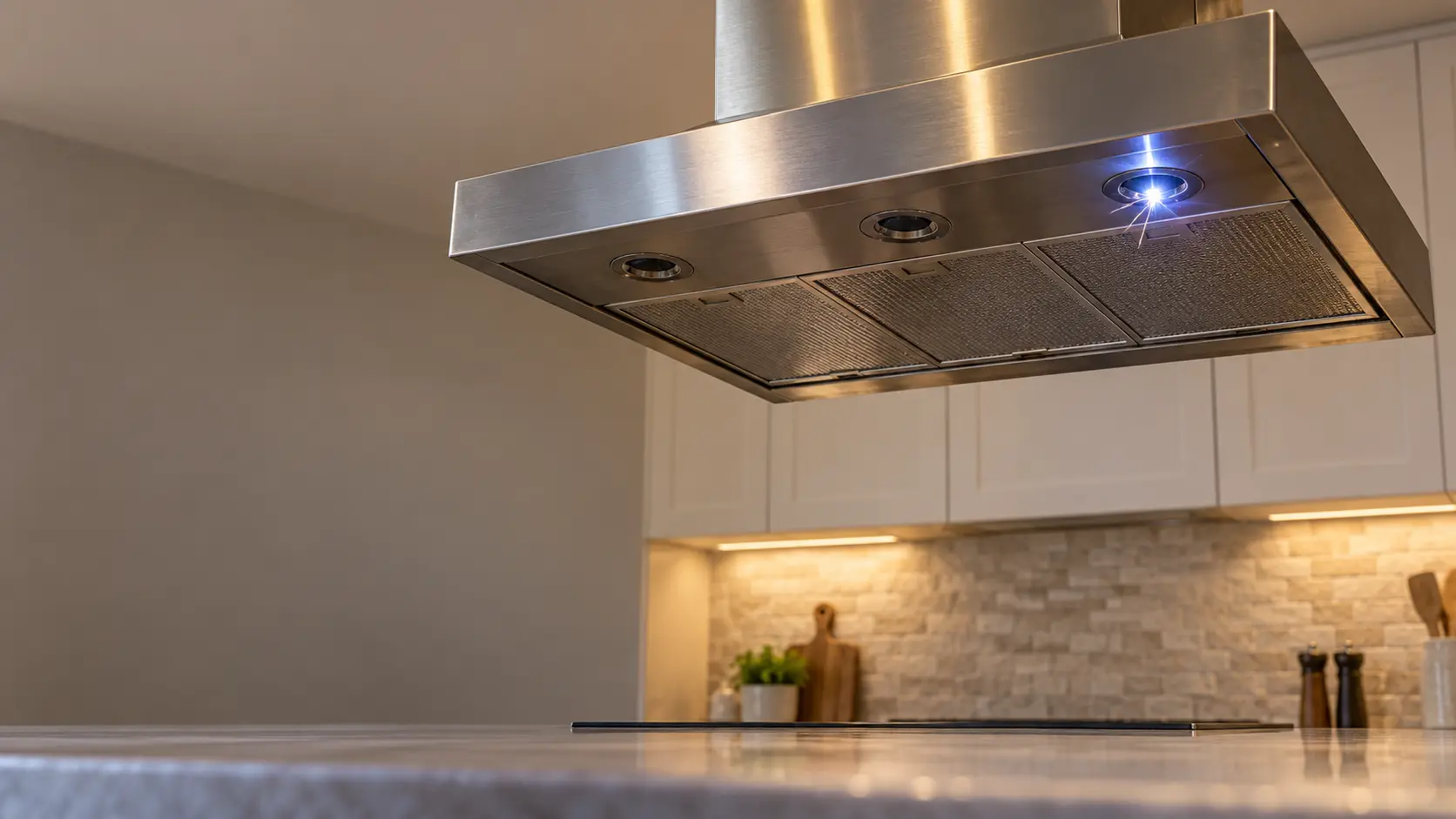 Seen from below, the underside of a stainless island range hood hanging from the ceiling fills the upper half of the frame, one small bright blue-white spark at a recessed light in the range hood's underside, the other lights dark, the island counter below empty and out of focus.