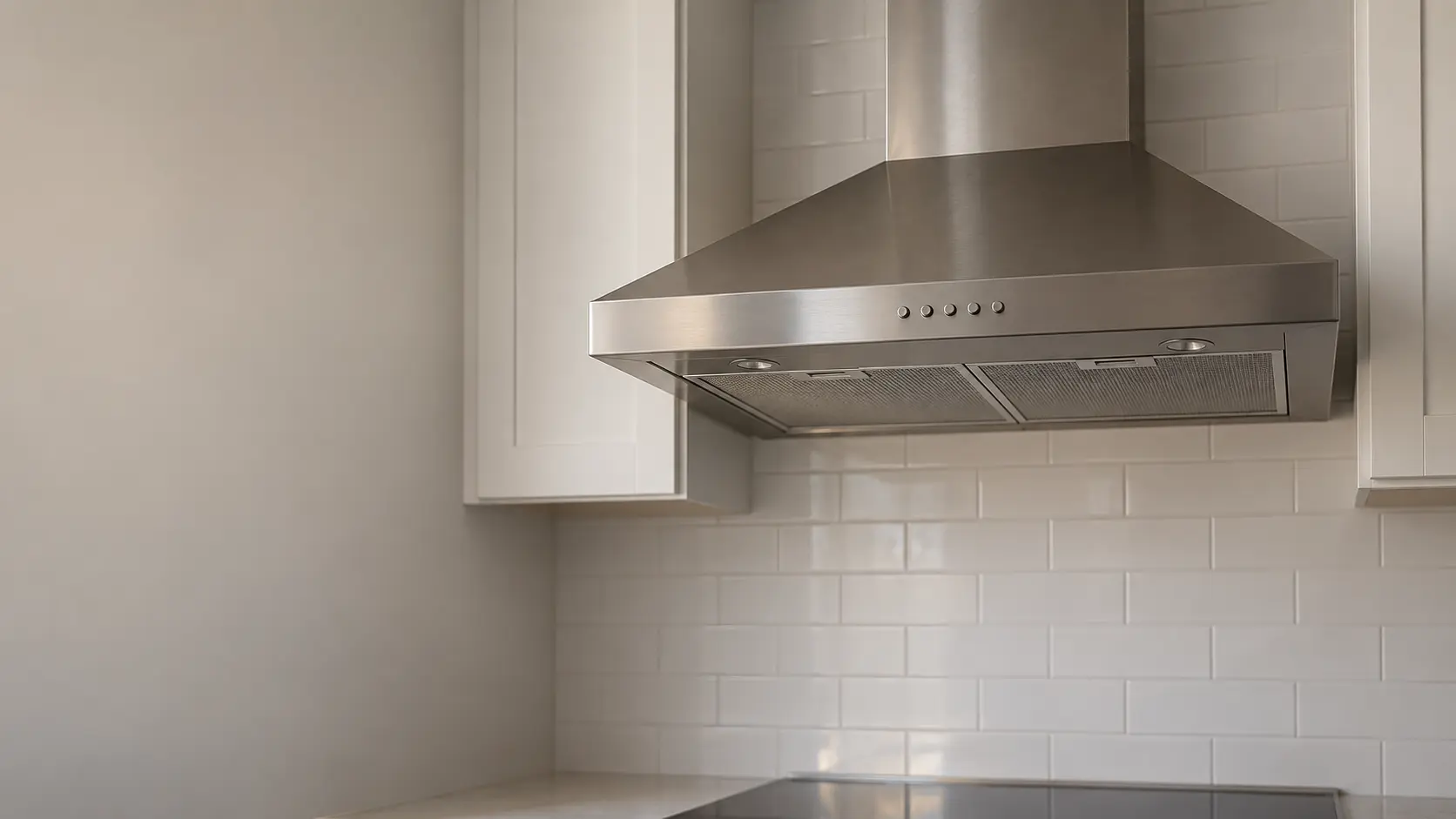 A stainless wall-mount chimney range hood on a white tiled wall fills the upper half of the frame, its lights dark and its control buttons unlit after the power dropped, the range hood's filters clean and the kitchen in late afternoon shade.