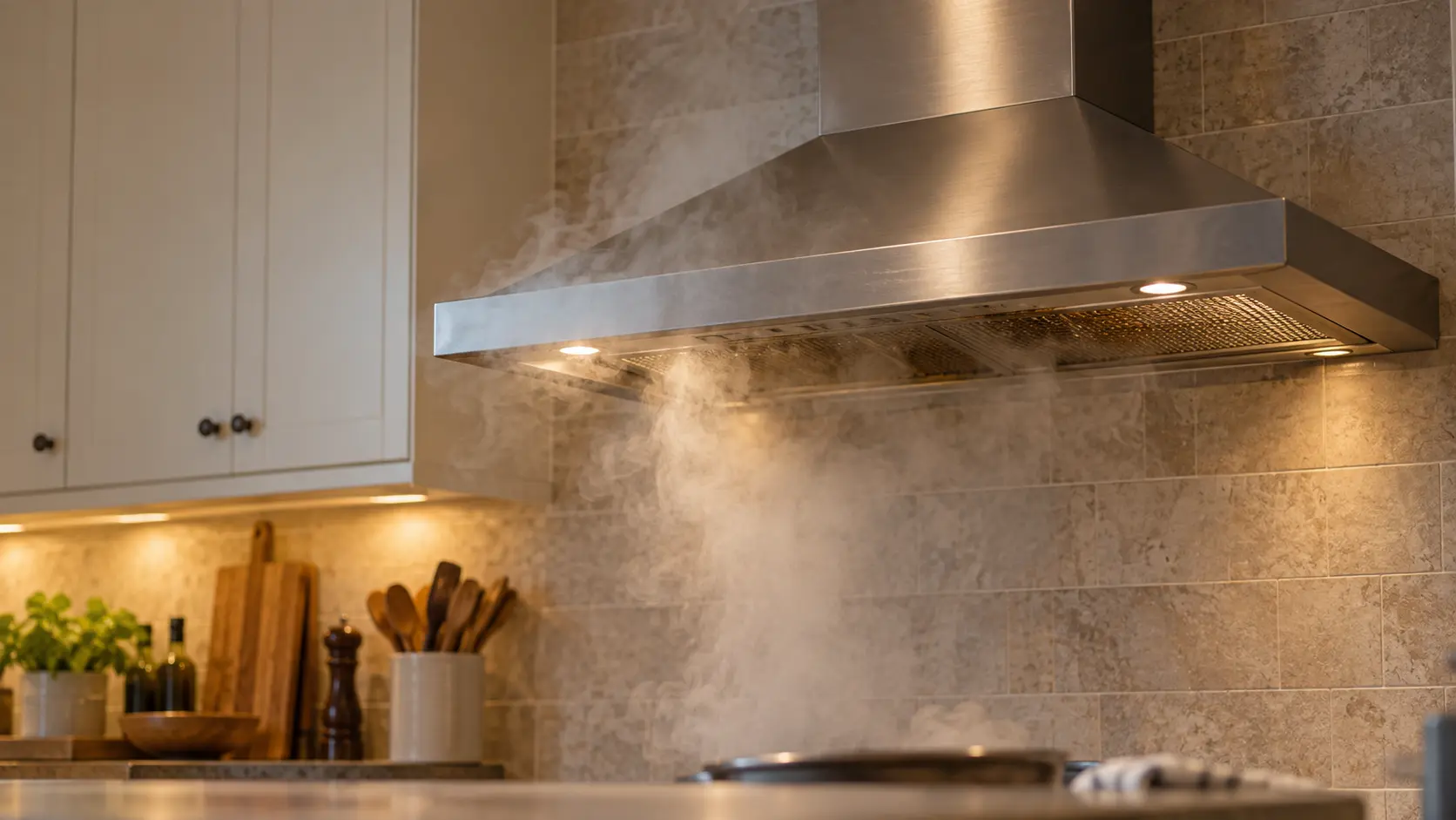 A stainless wall-mount chimney range hood on a tiled wall fills the upper half of the frame, a haze of cooking steam spilling past the front and side edges of the range hood's canopy and hanging in the kitchen air, a mesh grease filter under the canopy visibly dark with grease.