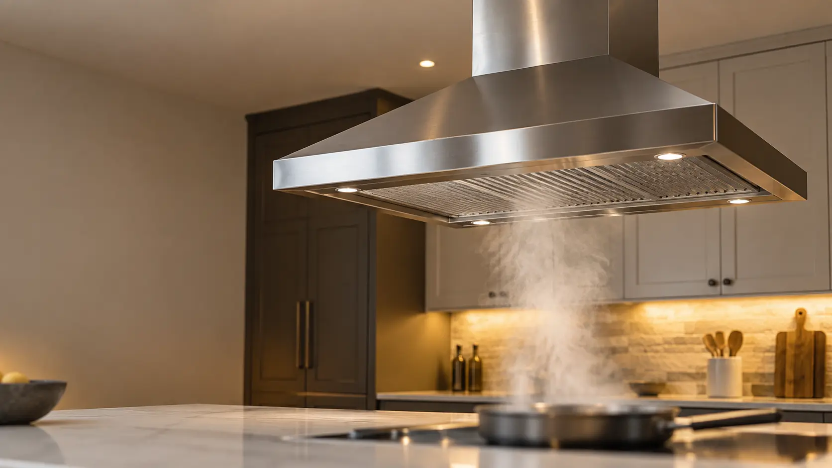 A large stainless island range hood hanging from the ceiling on its four-sided chimney over a kitchen island with a white stone top in a US home, steam rising from a pan into the range hood's canopy, the range hood centered in the upper half of the frame, the burners on the island below cropped and out of focus.