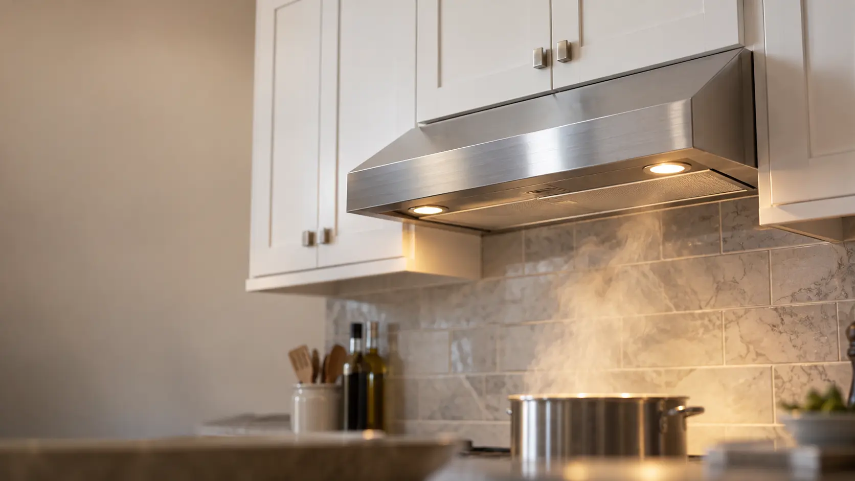 A slim stainless under-cabinet range hood mounted beneath white shaker wall cabinets in a US home kitchen, the range hood's two lamps glowing onto steam rising from a simmering pot, the range hood and the cabinets above it filling the upper half of the frame, the cooking surface below cropped and out of focus.