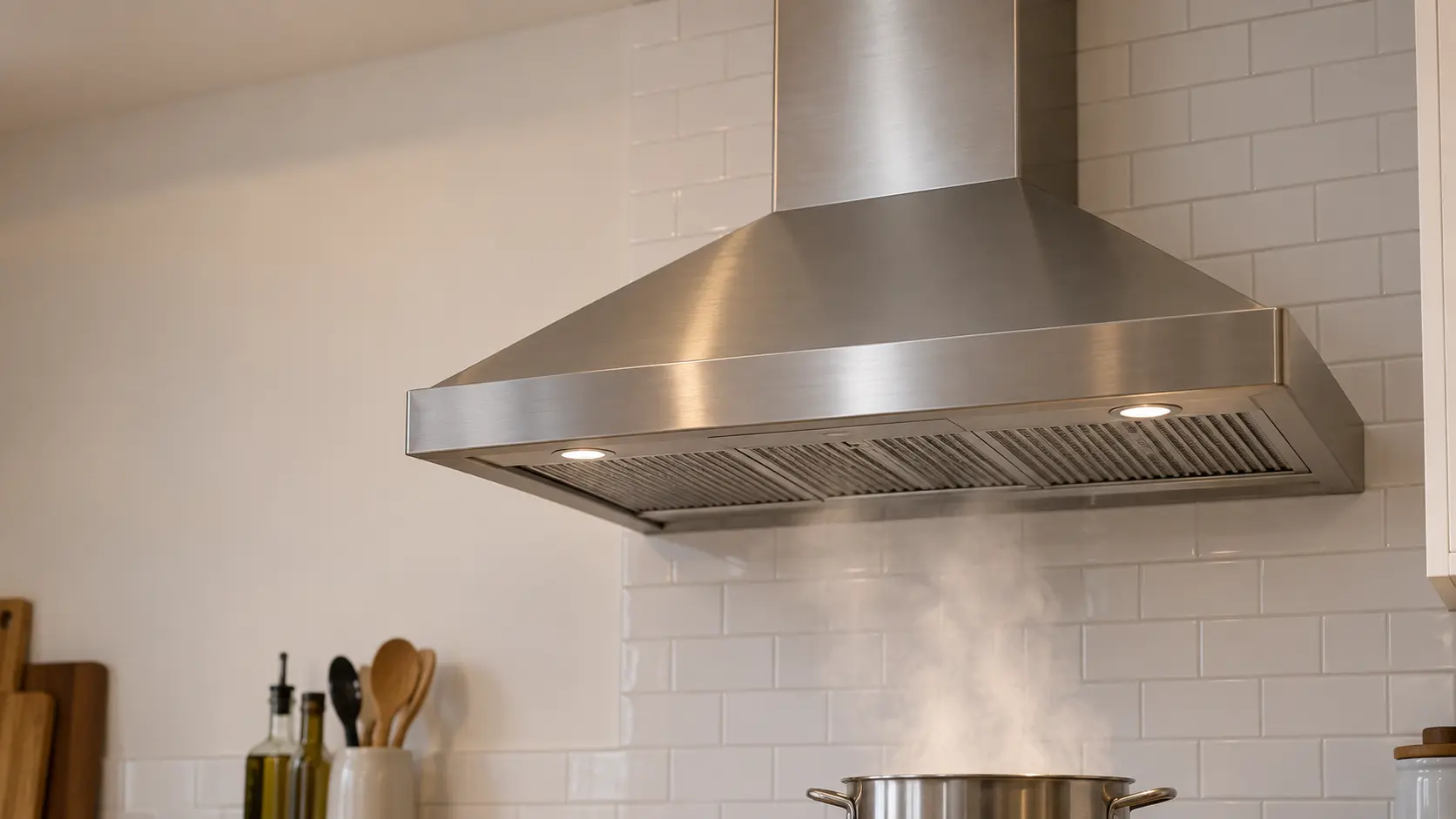 A stainless steel wall-mount chimney range hood fixed to a white subway tile wall in a US home kitchen, the range hood's rectangular chimney cover rising straight to the ceiling, soft steam rising from a pot into the canopy, the range hood filling the upper half of the frame, the cooking surface below cropped and out of focus at the bottom edge.
