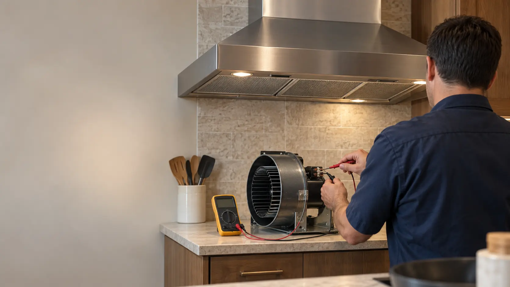 A repair technician in a plain navy work shirt at a workbench testing a range hood blower motor with multimeter probes, face turned away.