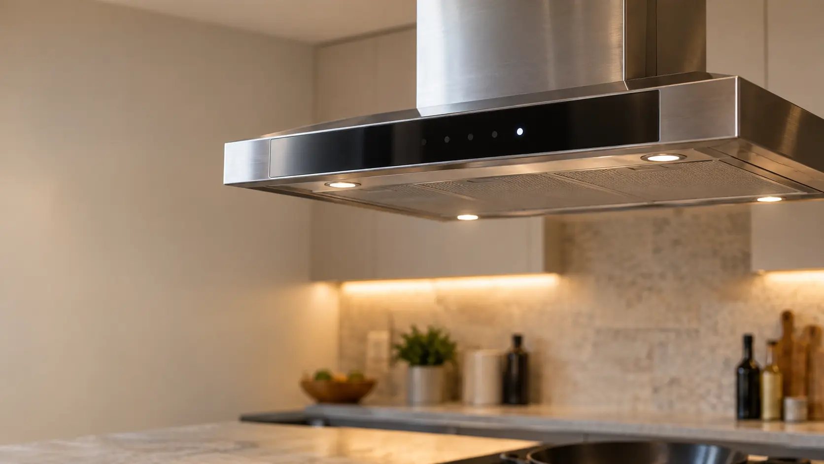 The glass touch keypad on the front edge of a stainless island range hood, its speed keys dark and one key softly blinking, the kitchen island below out of focus.