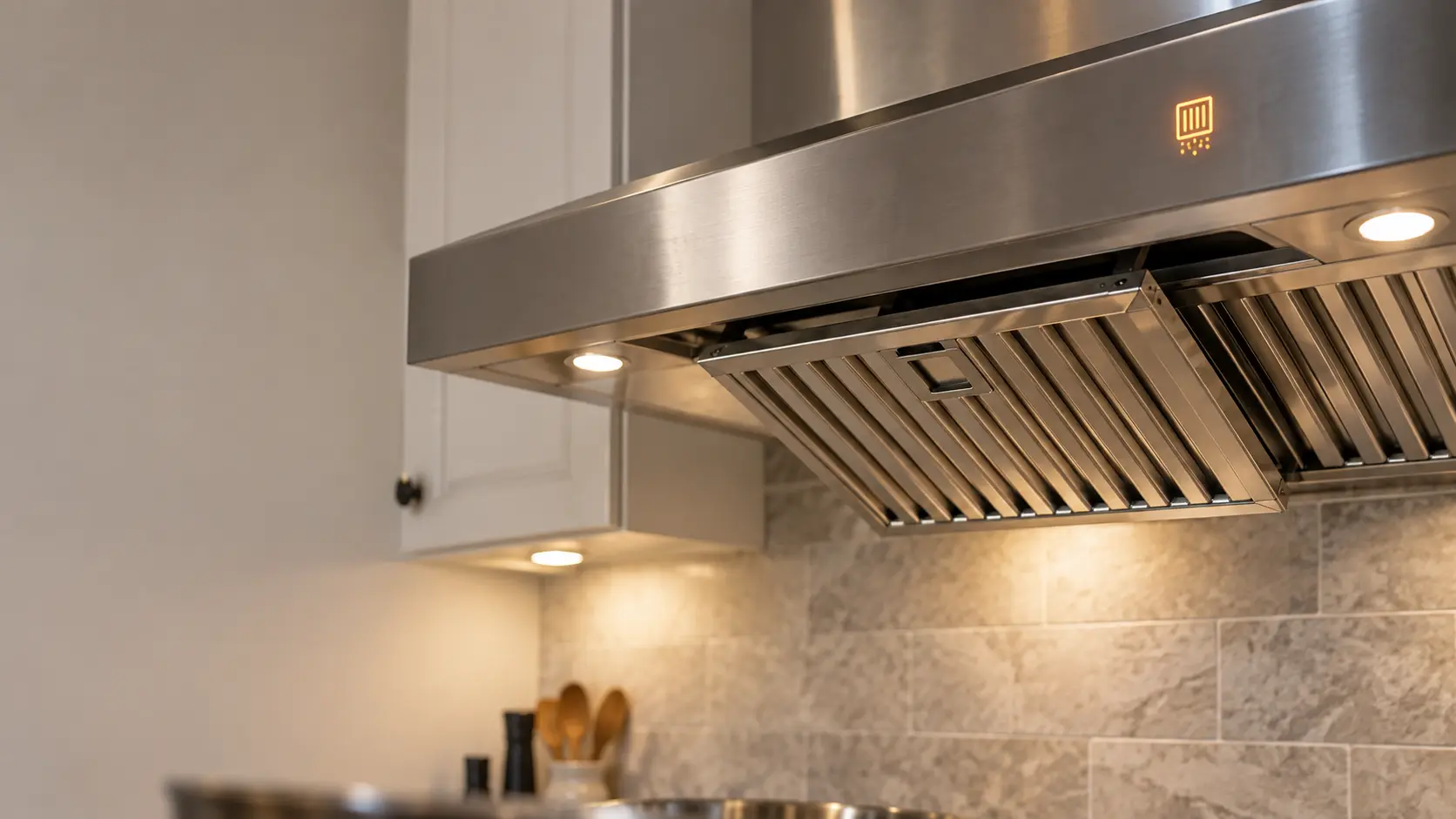 A stainless baffle grease filter half slid out of the underside of an under-cabinet range hood, a small filter symbol glowing on the hood's control strip.