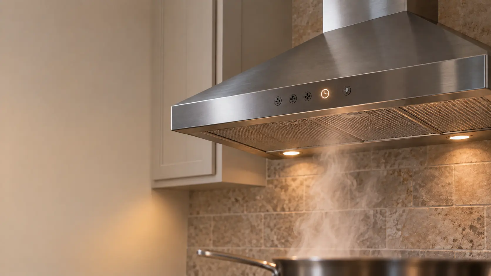 The control strip on the front edge of a stainless chimney range hood, one small timer symbol lit beside the fan keys, steam fading above the burners below.