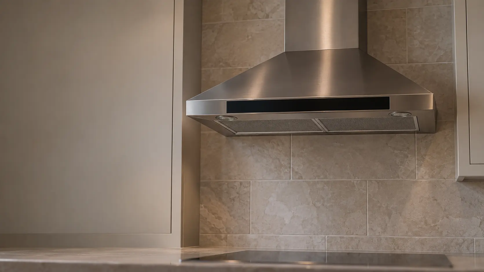 A stainless chimney range hood on a tiled wall with its control strip and lights completely dark, evening light from a window across the kitchen, the burners below bare and switched off.
