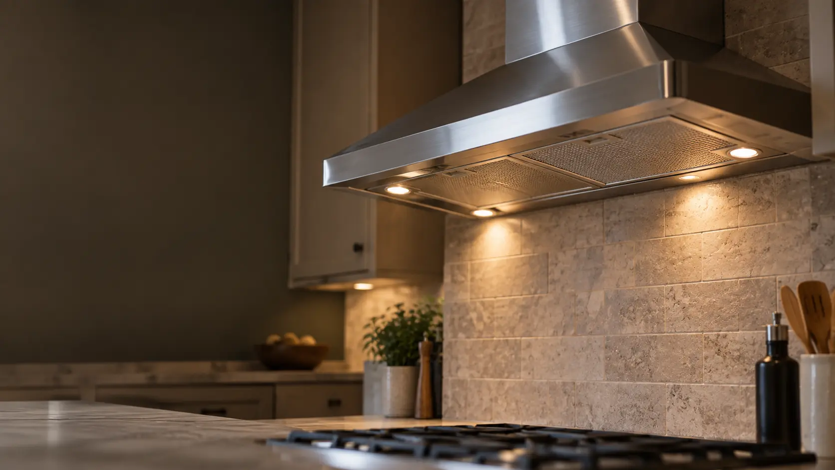 The underside of a stainless wall-mount range hood with its filters in place and its lights on, the burners below switched off and bare, a faint shimmer of warm air in the frame.