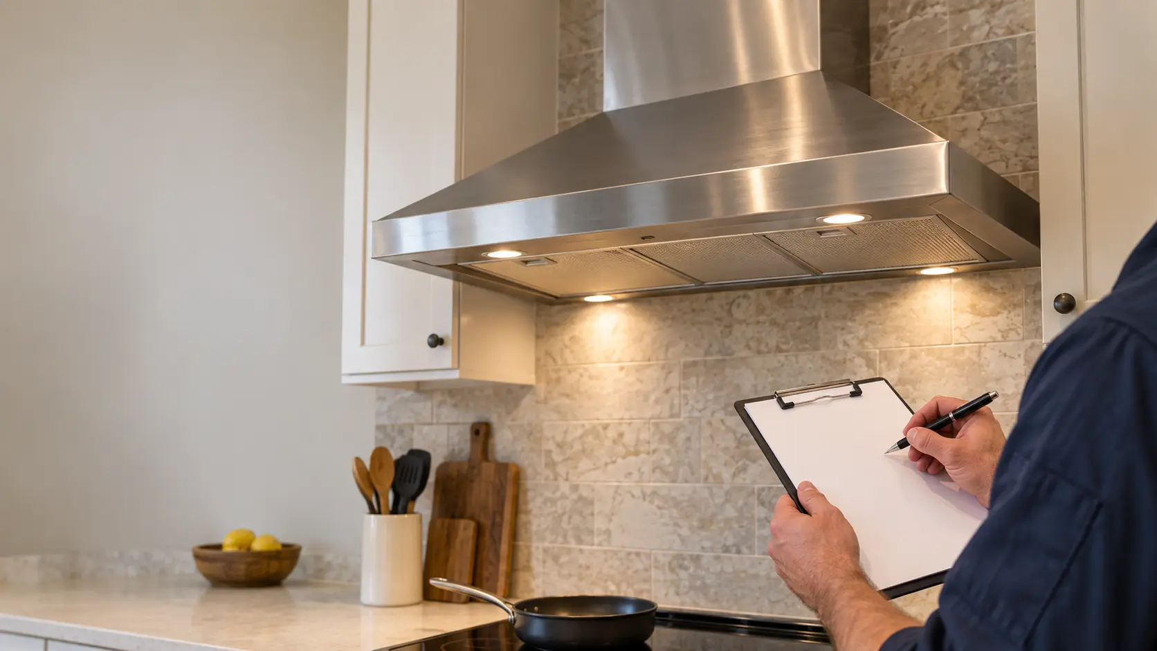 A technician writing on a blank clipboard in a kitchen under a range hood, the page empty of any writing.