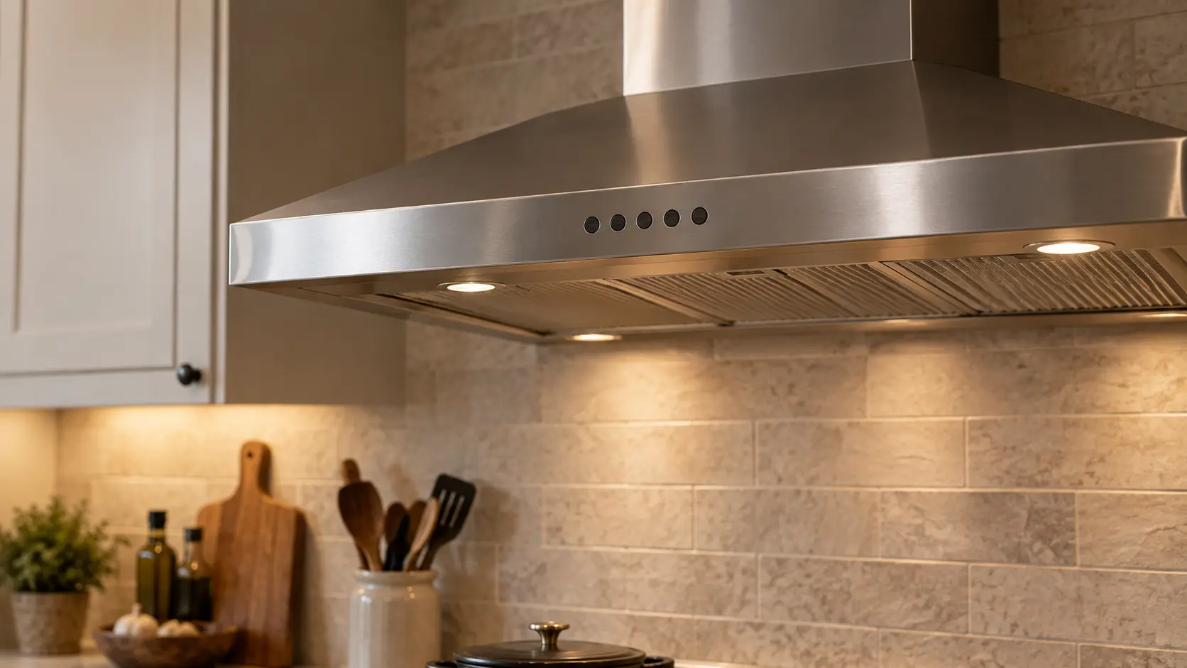 The control strip on the front edge of a range hood seen close.