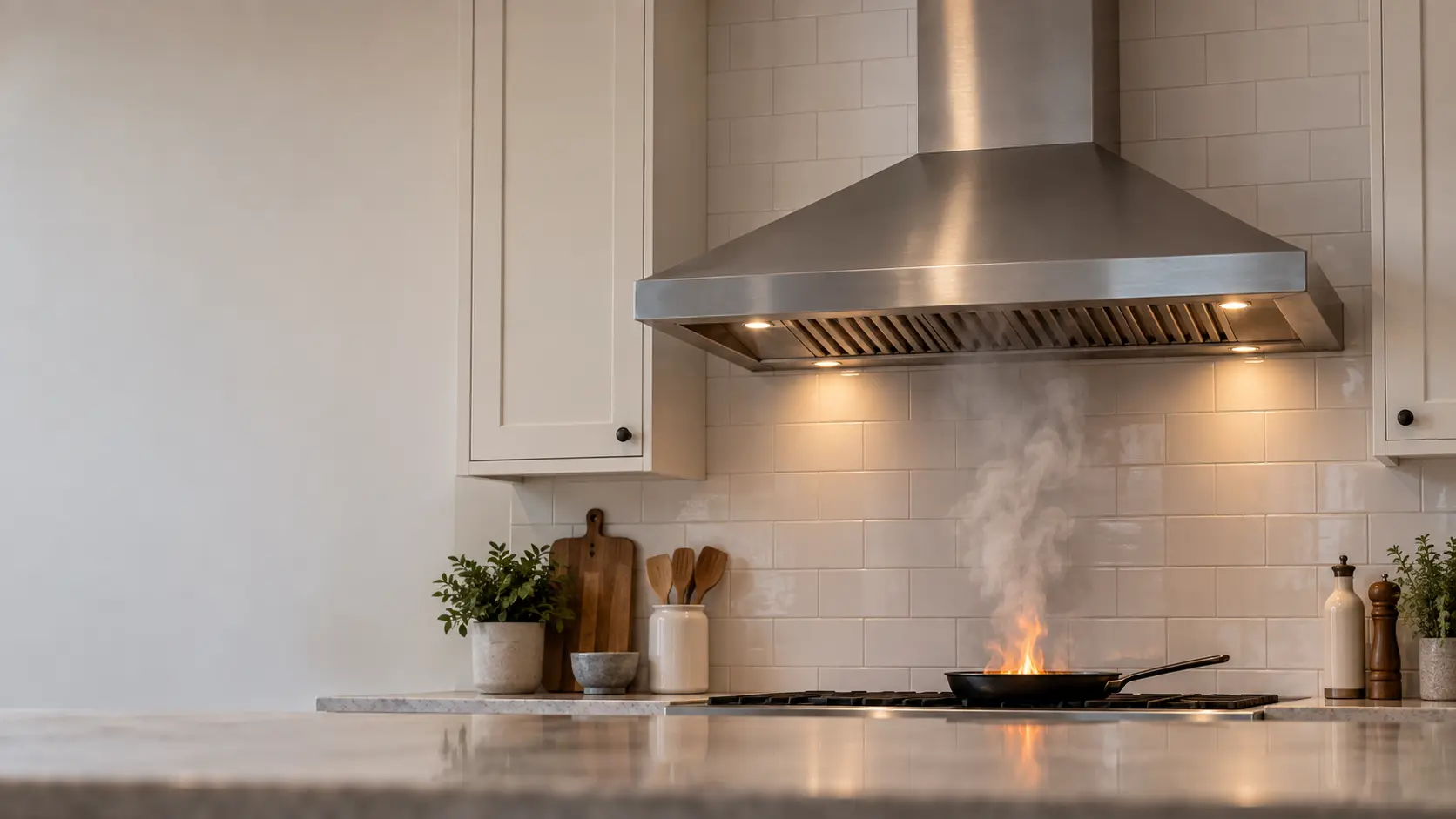 A stainless wall-mount chimney range hood on a white tiled kitchen wall, seen from across an empty kitchen with nobody near it, a single frying pan on the burners below with a low orange flame and gray smoke rising toward the range hood canopy, the cooking surface soft and cropped at the bottom edge.