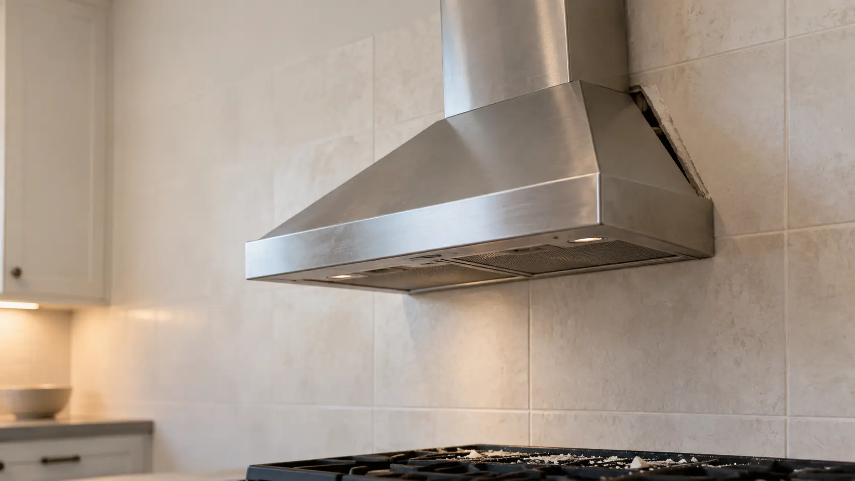 A stainless wall-mount chimney range hood on a pale tiled kitchen wall, tilted slightly forward with a dark gap showing between its top edge and the tile and a little plaster dust on the dark burners below, the kitchen empty with nobody near the range hood, the cooking surface cropped at the bottom of the frame.