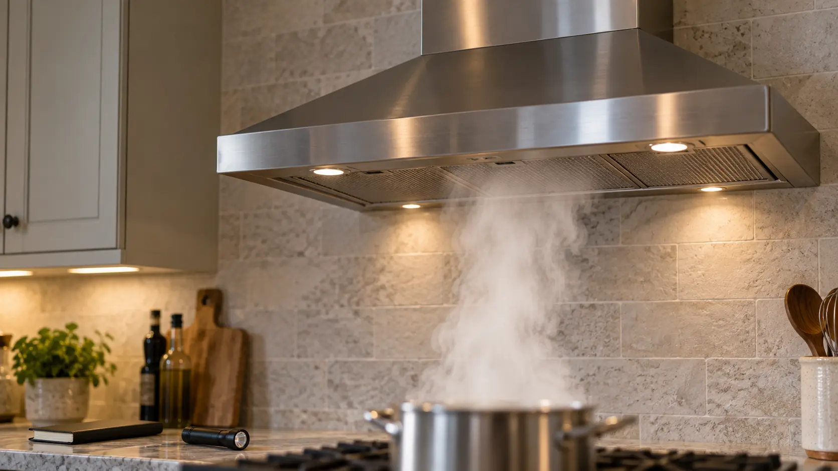 A stainless wall-mount chimney range hood on a light stone-tile wall, its lights on, a tall column of steam from a boiling pot rising straight up into the range hood, the pot and burners at the very bottom of the frame soft and out of focus, a small notebook and flashlight on the counter to one side.