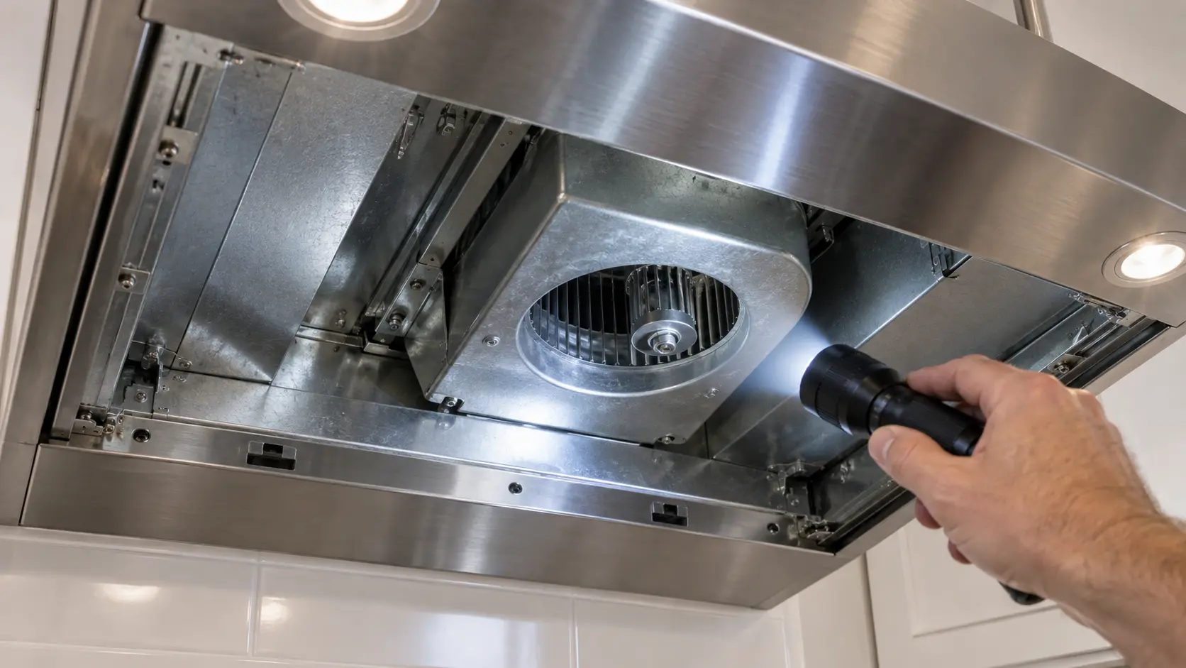 Close on a flashlight beam lighting the inside of a range hood canopy, filters out, grease-free metal.