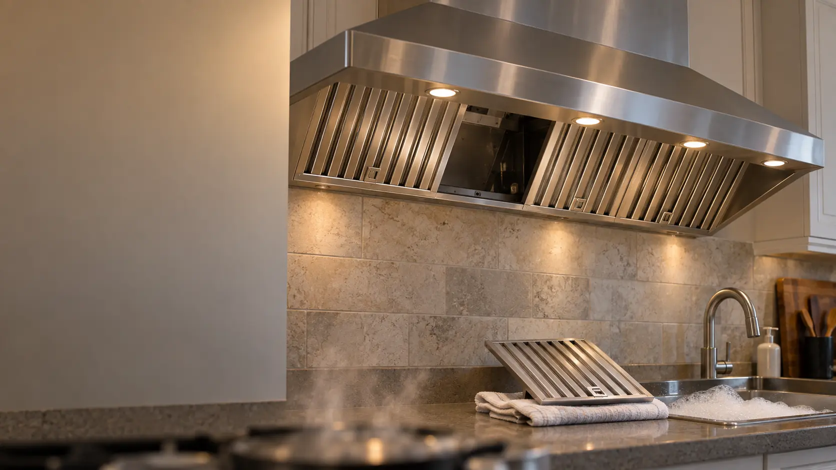 A stainless baffle-filter range hood above a kitchen counter, one baffle panel lowered out of the canopy and resting on a folded towel beside a sink of soapy water, the remaining filters and the range hood lights glowing above, a wisp of steam drifting up from the soft-focus burners below.