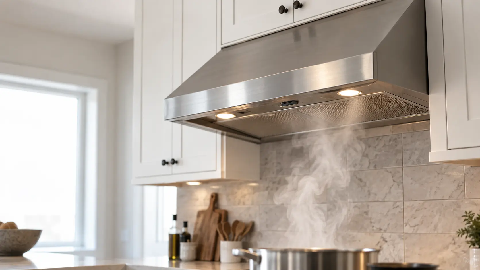 A stainless under-cabinet range hood below white shaker wall cabinets in a bright home kitchen, steam and a thin wisp of cooking smoke rising from a pot on the burners and being drawn up into the range hood, the cooking surface soft and cropped at the bottom, a window with daylight to one side.