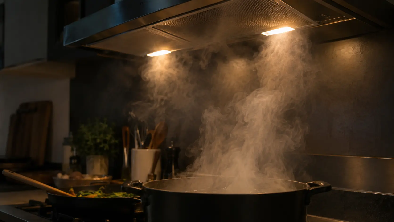 Close on a haze of cooking vapor hanging under the lights of a range hood in a dim kitchen.