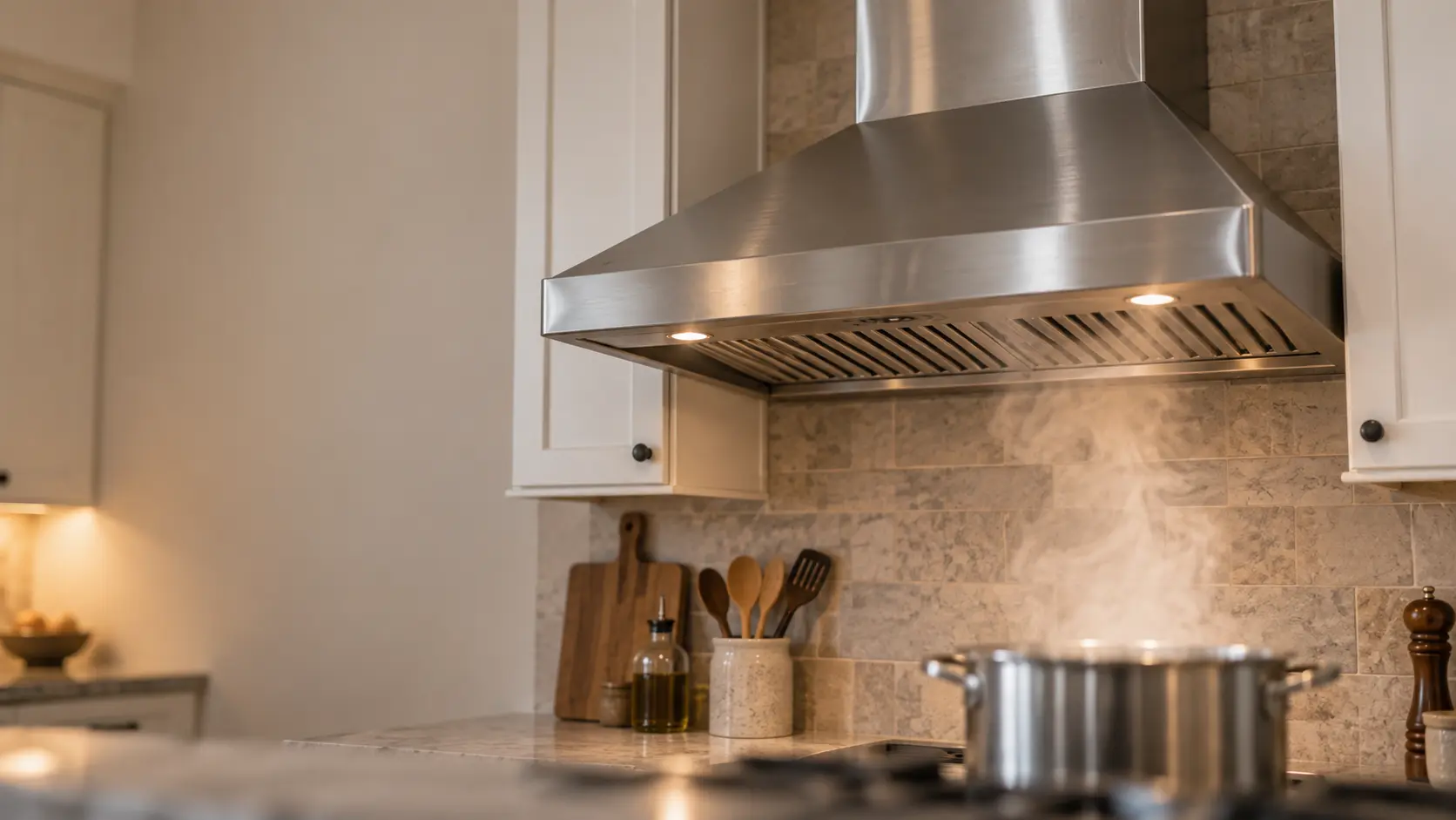 A brushed stainless under-cabinet range hood below white shaker cabinets on an outside kitchen wall, a round metal duct disappearing into the cabinet above, steam from a pot rising into the range hood, the burners below cropped and out of focus.